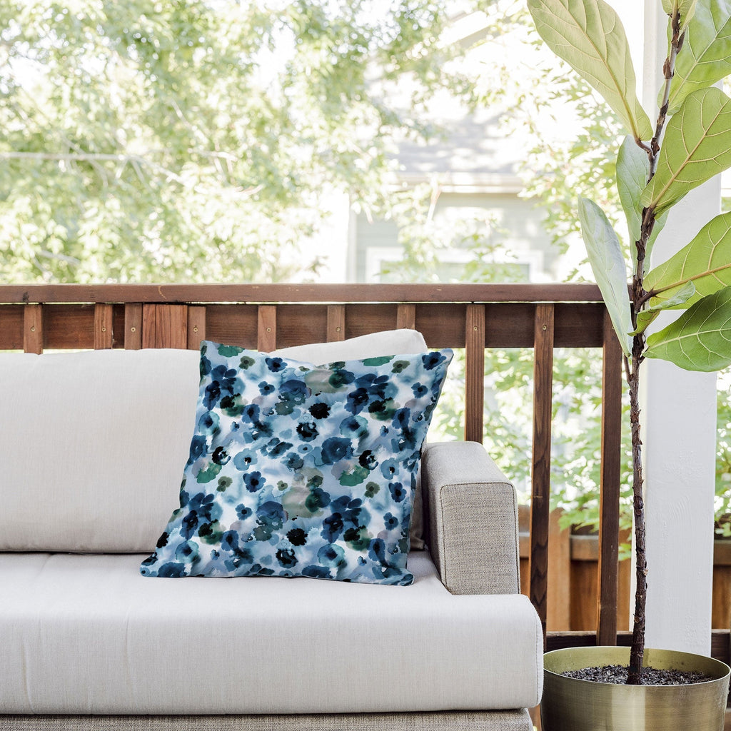 Ninola Design Botanic Retreat Ombre Abstract Watercolor Flowers Blue Navy Outdoor Throw Pillow