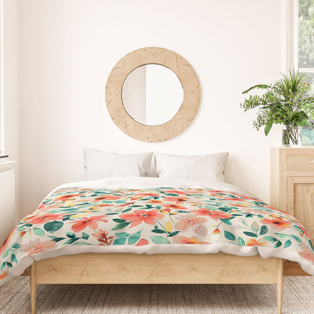 Ninola Design Botanic Retreat Tropical Whimsical Flowers Coral Green Duvet Cover
