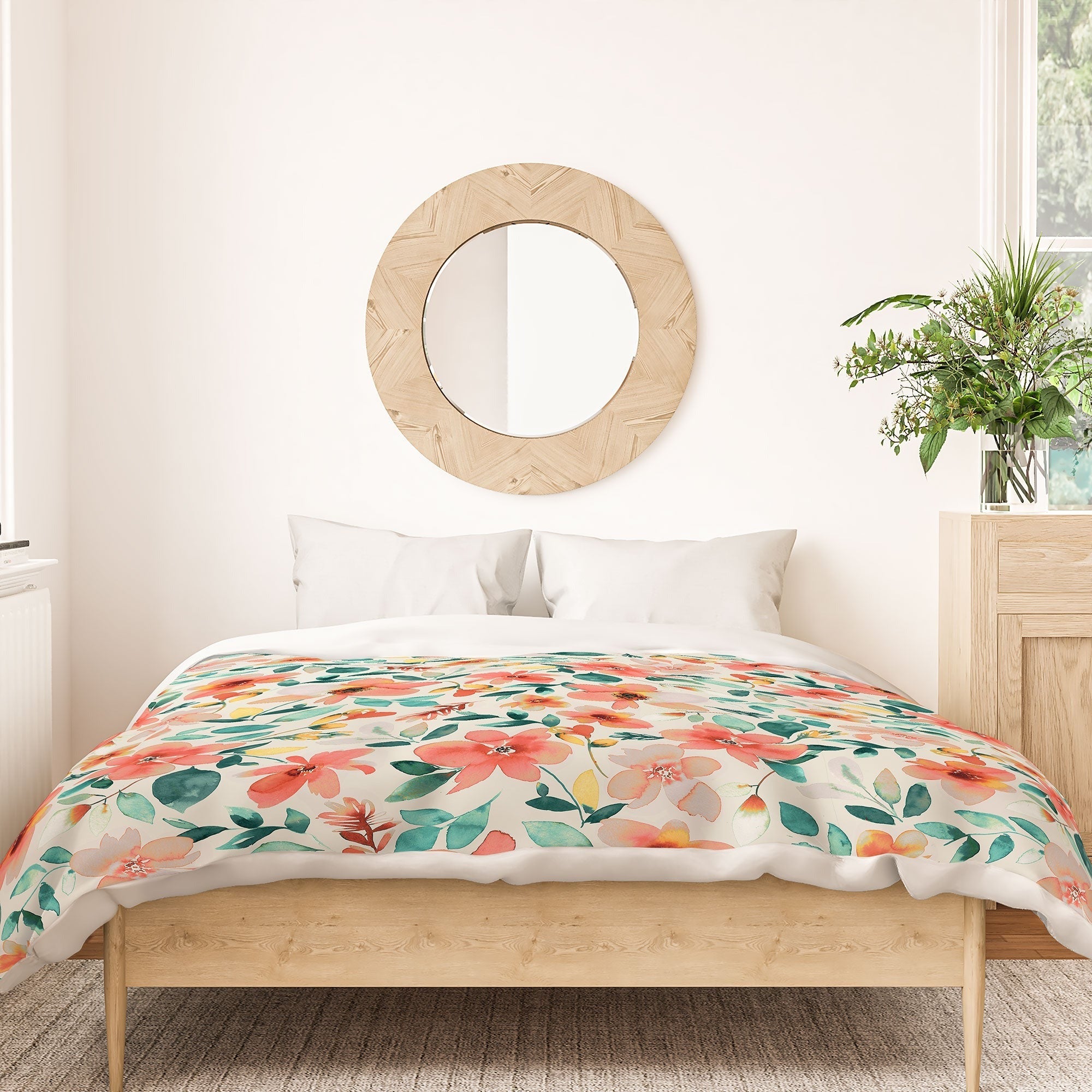 Ninola Design Botanic Retreat Tropical Whimsical Flowers Coral Green Duvet Cover