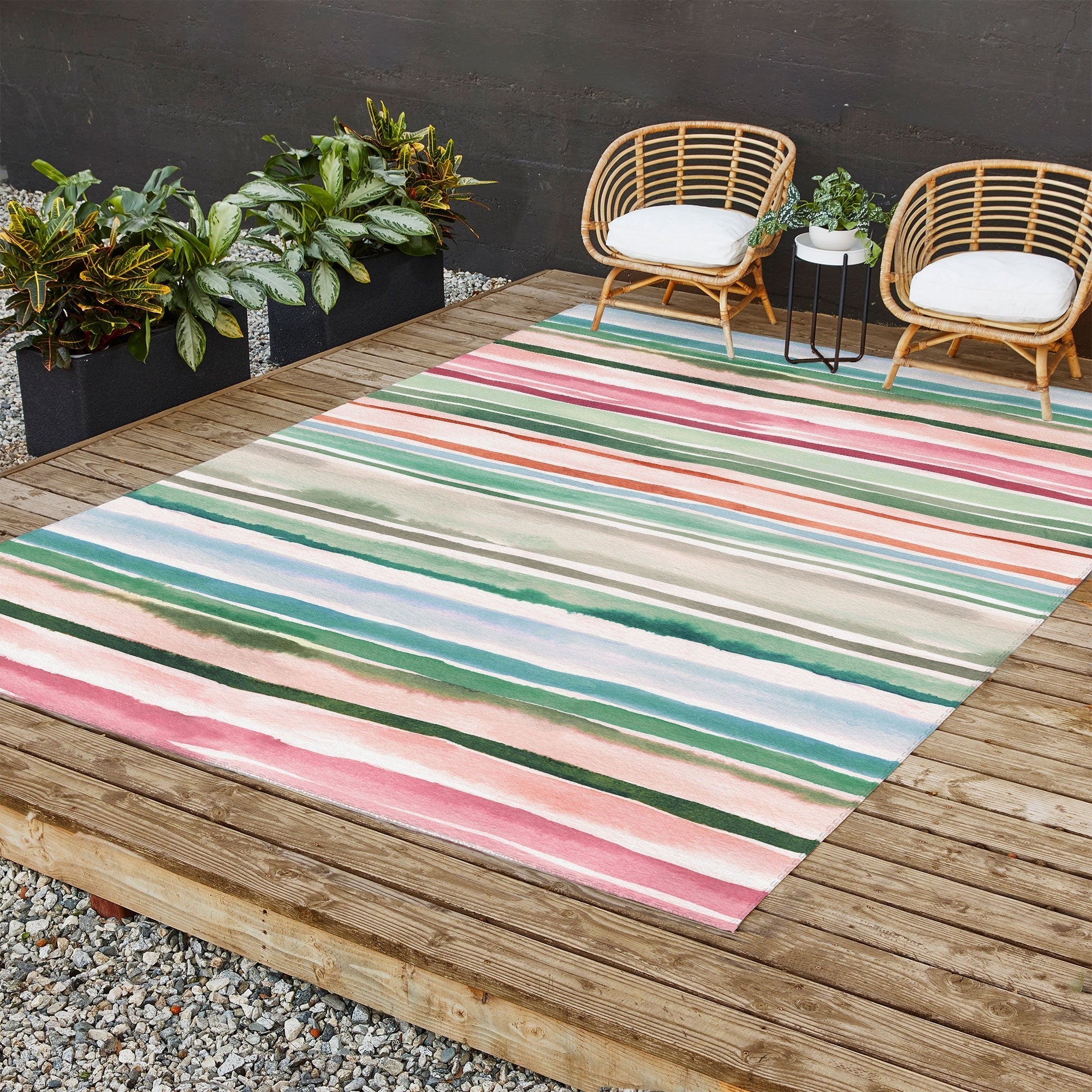 Ninola Design Botanic Retreat Watercolor Stripes Green Orange Red Outdoor Rug