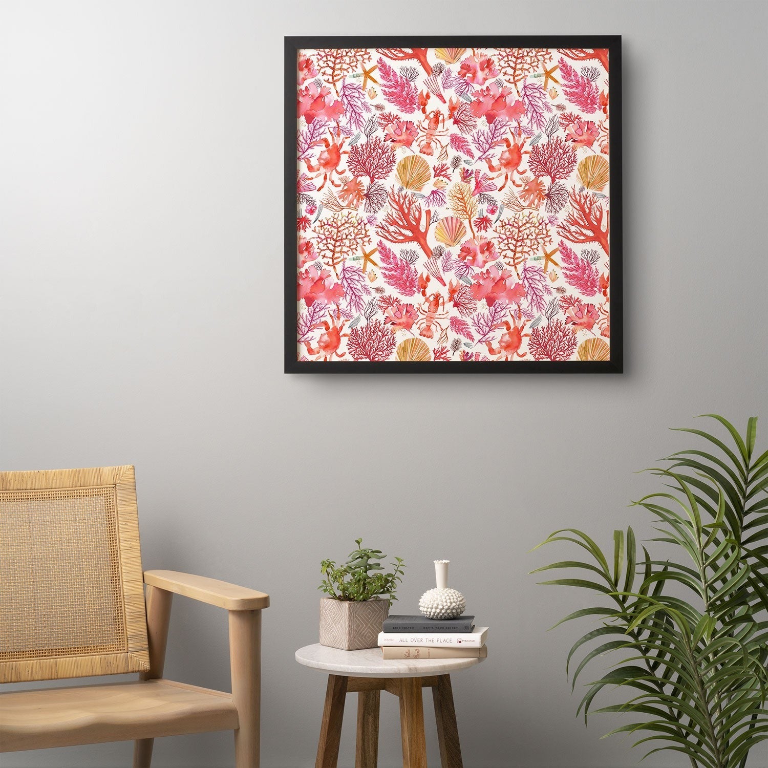 Ninola Design Botanic Retreat Coral Reef Crab Lobster Red Framed Wall Art