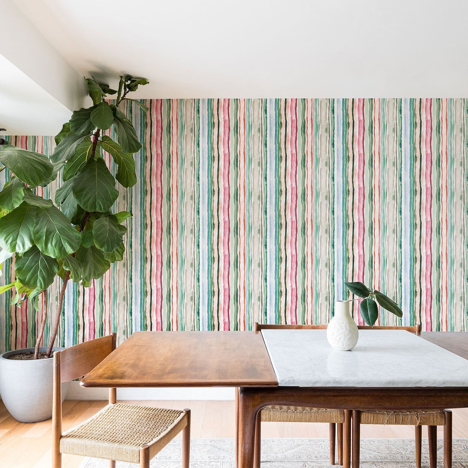 Ninola Design Botanic Retreat Watercolor Stripes Green Orange Red Wallpaper