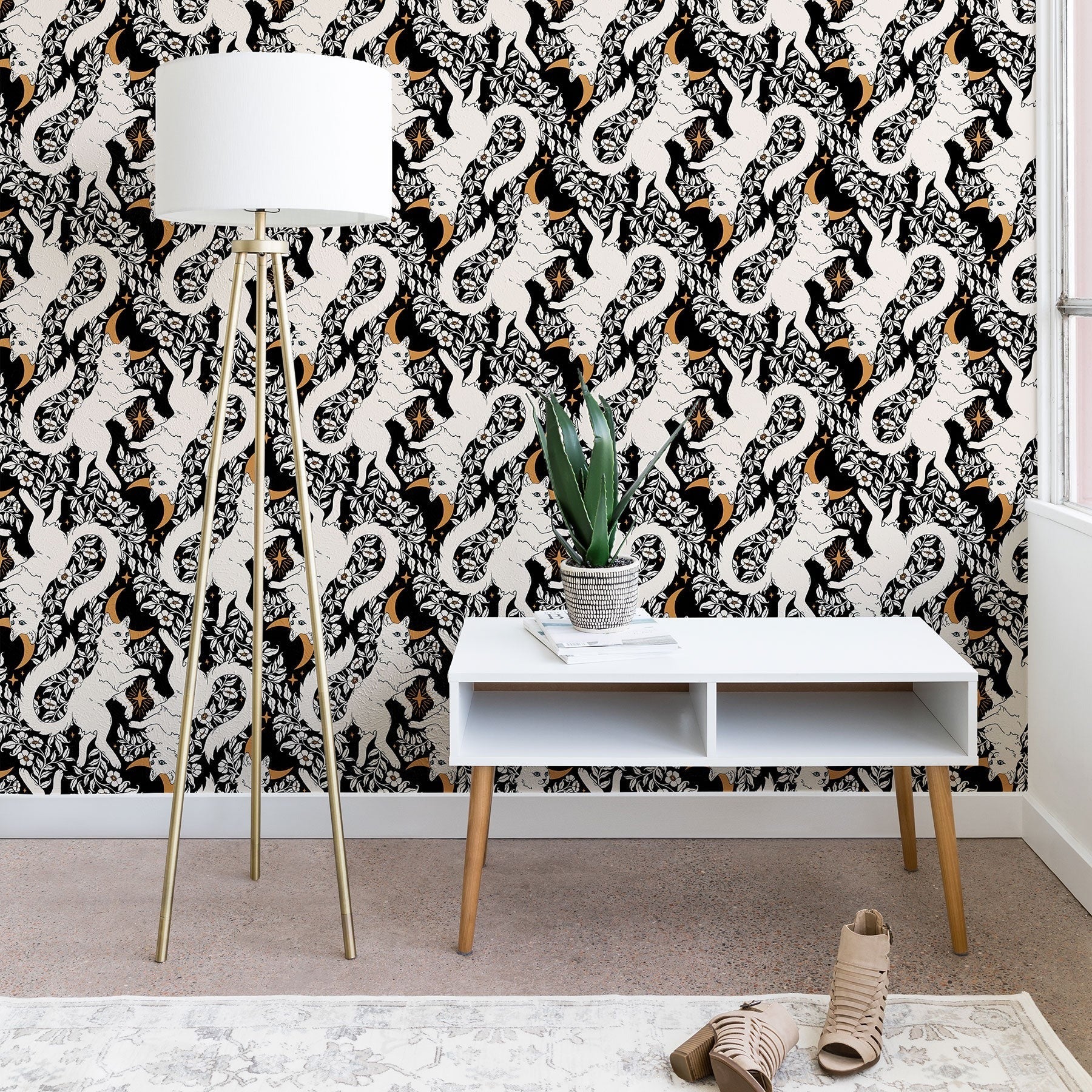 Avenie Celestial Cats Gold Wallpaper