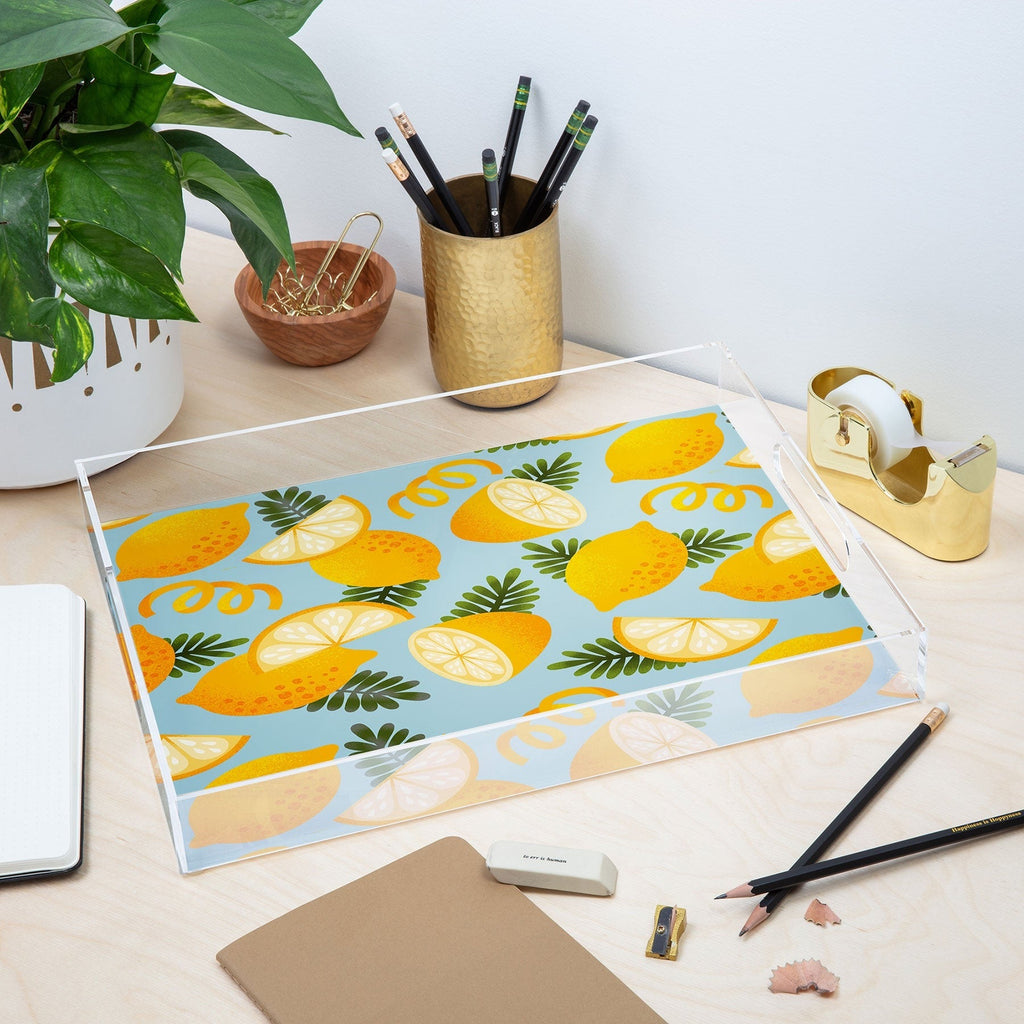 Jessica Molina Lemon Pattern on Sky Blue Acrylic Tray