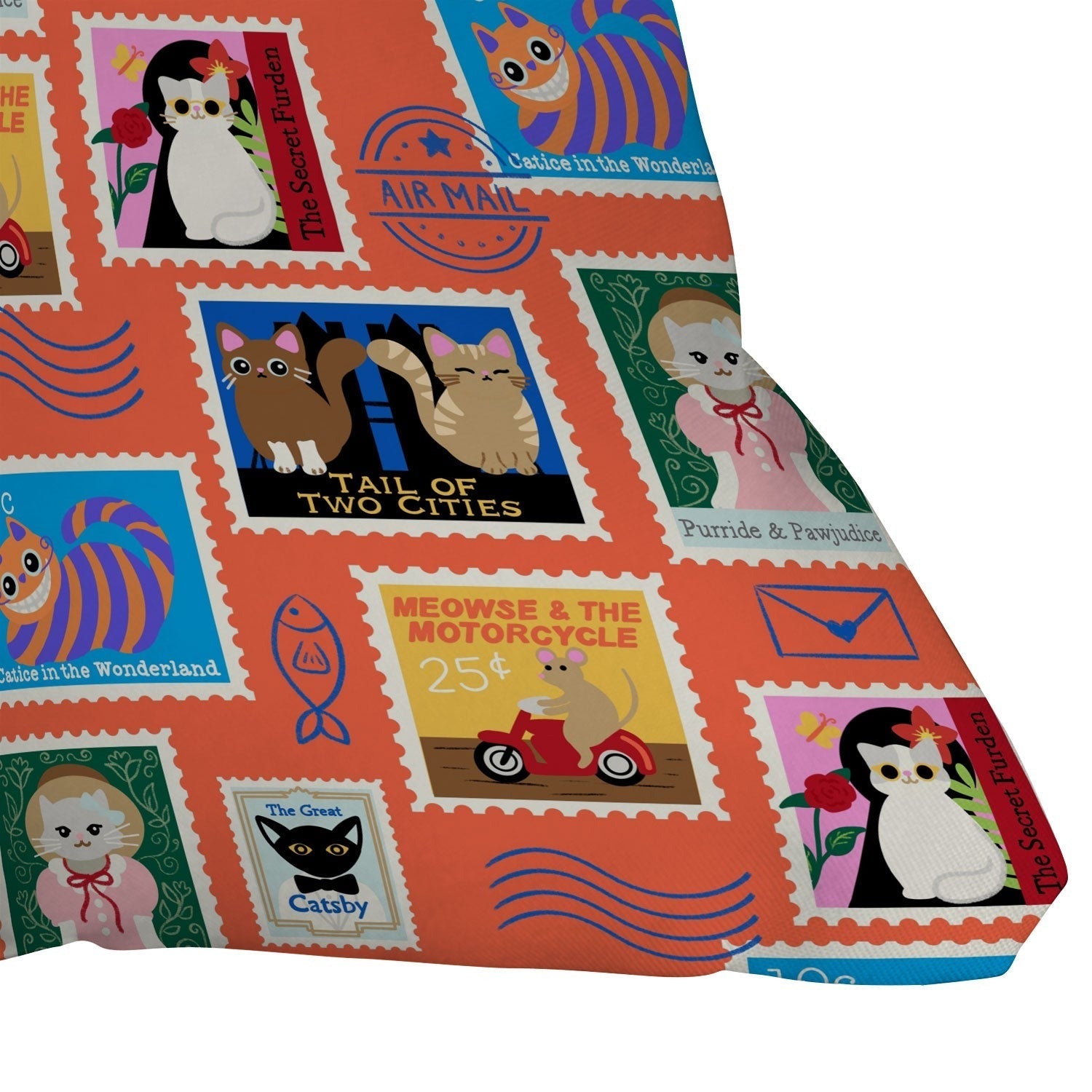 Design by Spark Classic Book Cat Stamps Outdoor Throw Pillow
