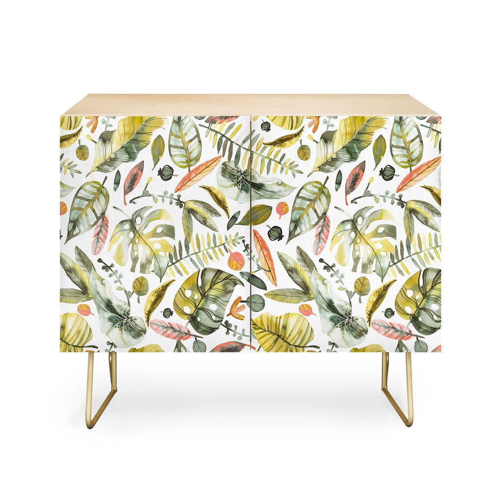 Ninola Design Botanic Retreat Tropical Jungle Leaves Botanical Green Orange Credenza