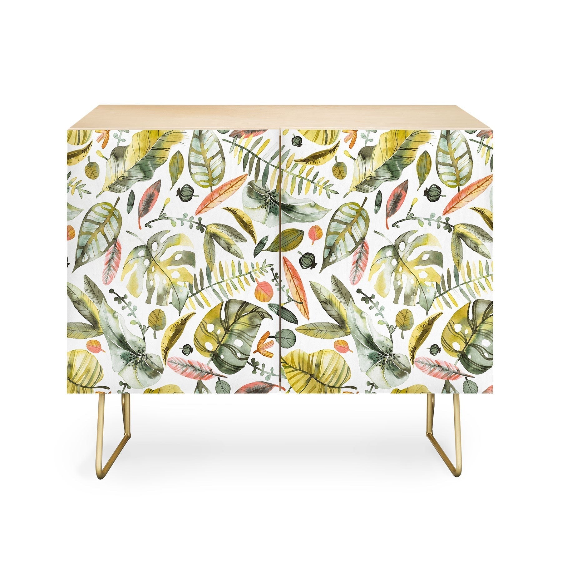 Ninola Design Botanic Retreat Tropical Jungle Leaves Botanical Green Orange Credenza