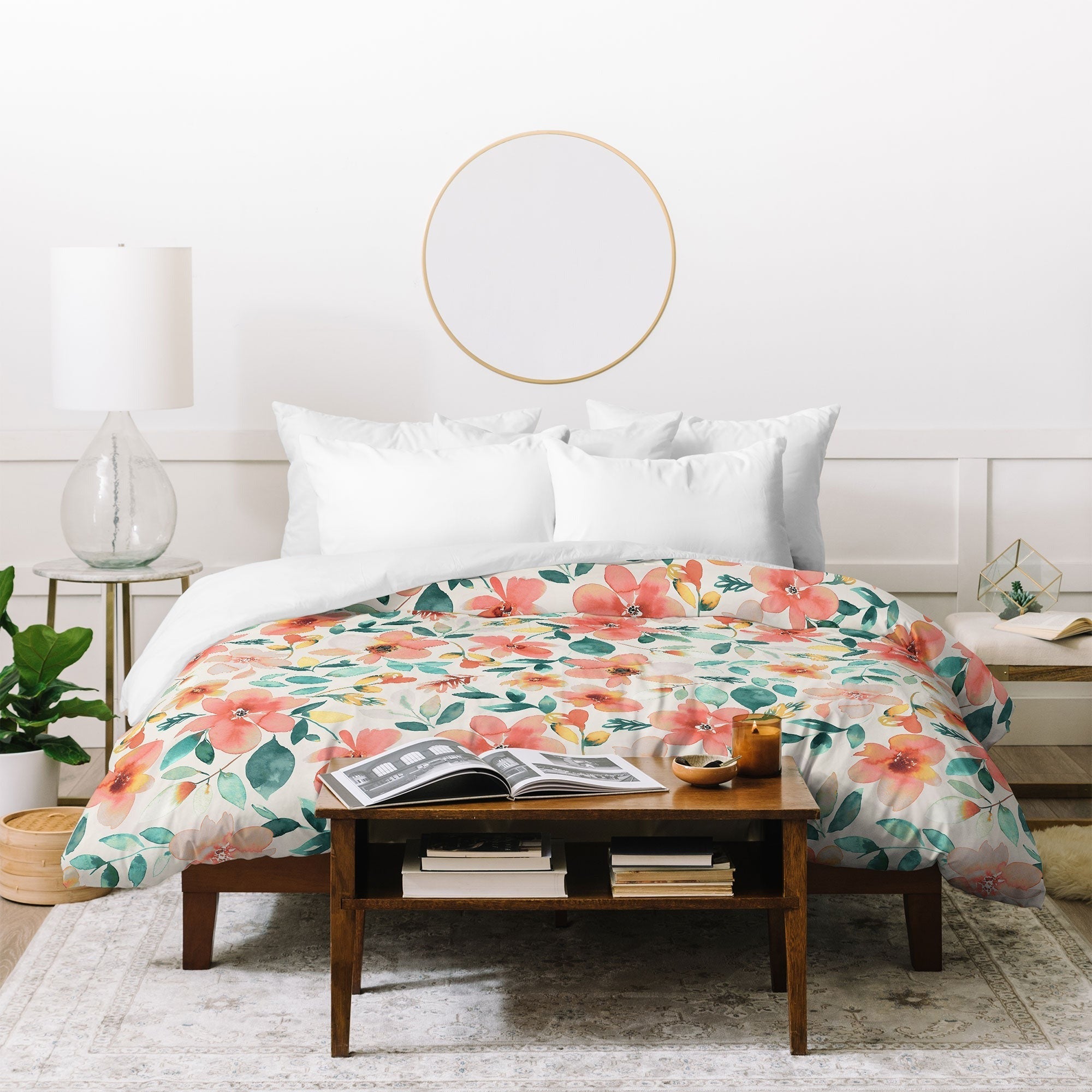 Ninola Design Botanic Retreat Tropical Whimsical Flowers Coral Green Duvet Cover