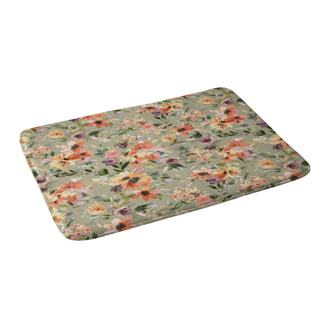 Ninola Design Botanic Retreat Painterly Tropical Flowers Sage Green Memory Foam Bath Mat