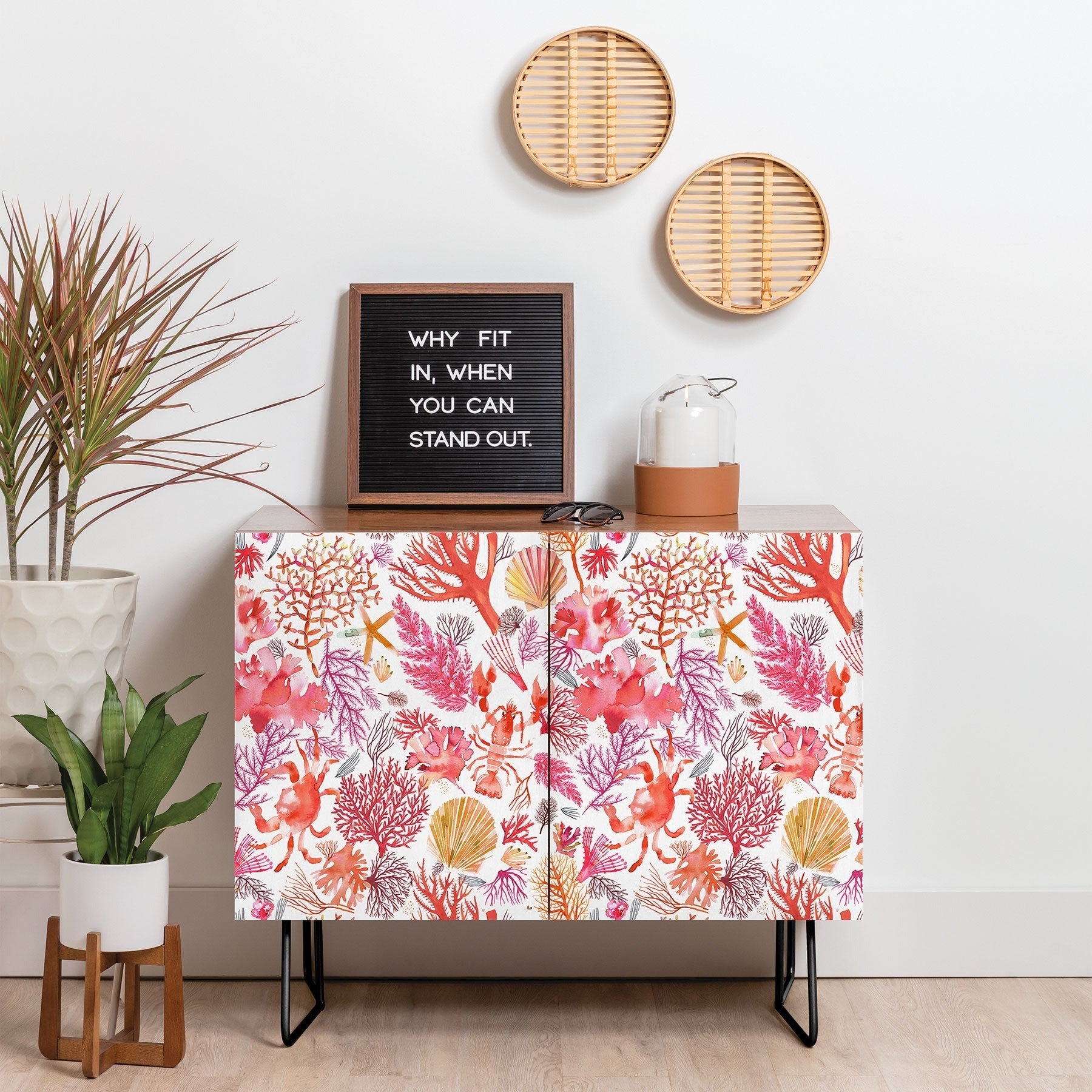 Ninola Design Botanic Retreat Coral Reef Crab Lobster Red Credenza