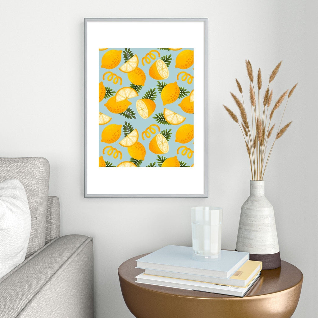 Jessica Molina Lemon Pattern on Sky Blue Metal Framed Art Print