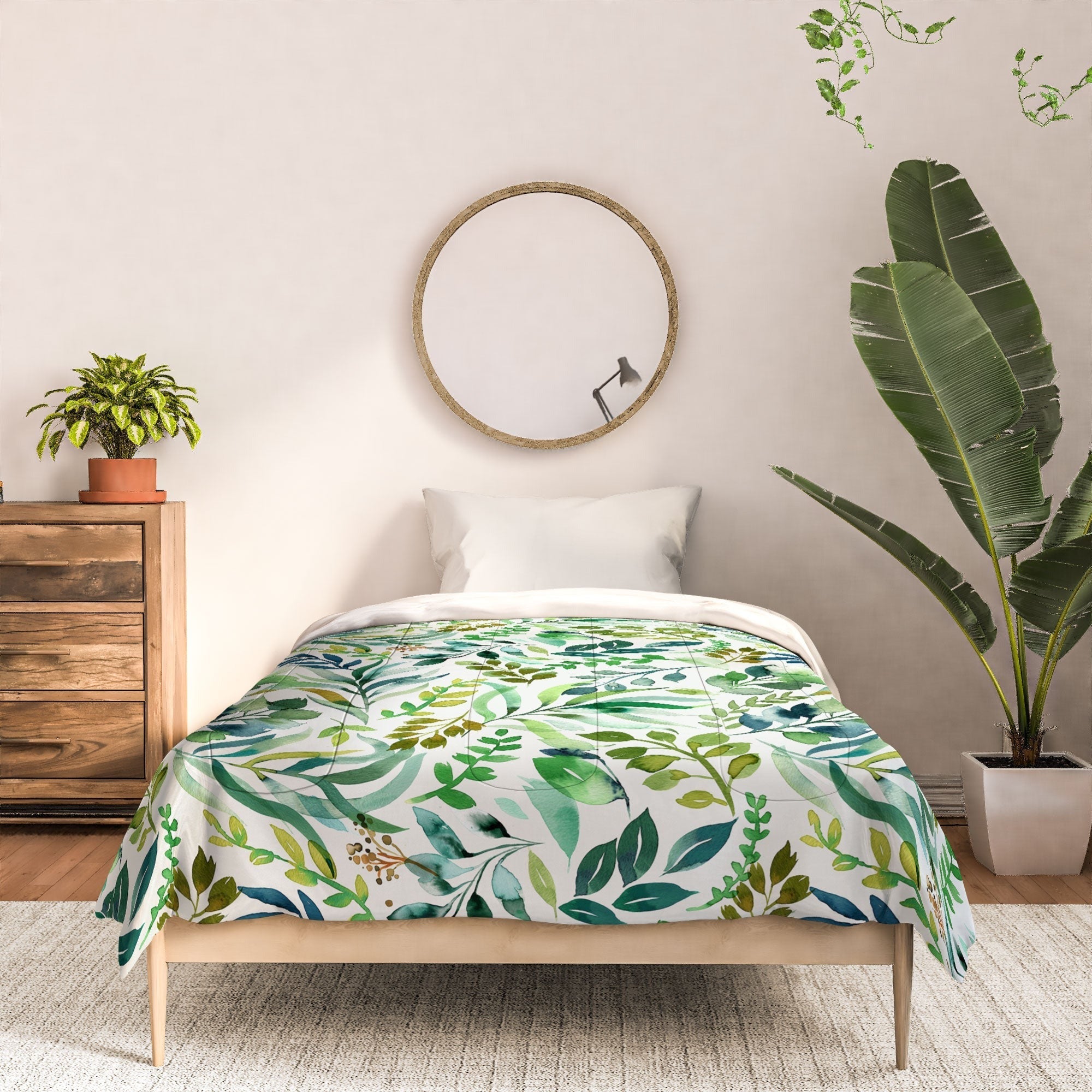Ninola Design Botanic Retreat Loose Botanical Leaves Watercolor Green Comforter