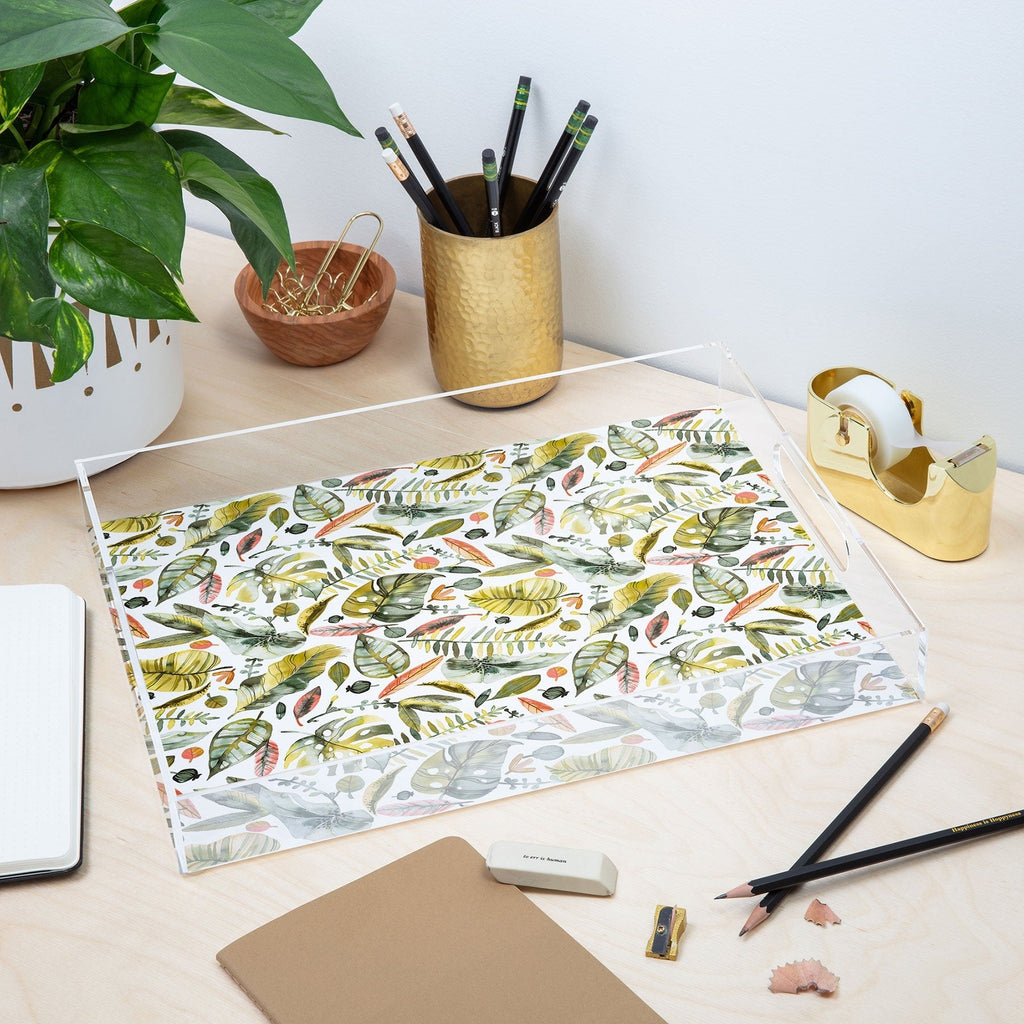Ninola Design Botanic Retreat Tropical Jungle Leaves Botanical Green Orange Acrylic Tray