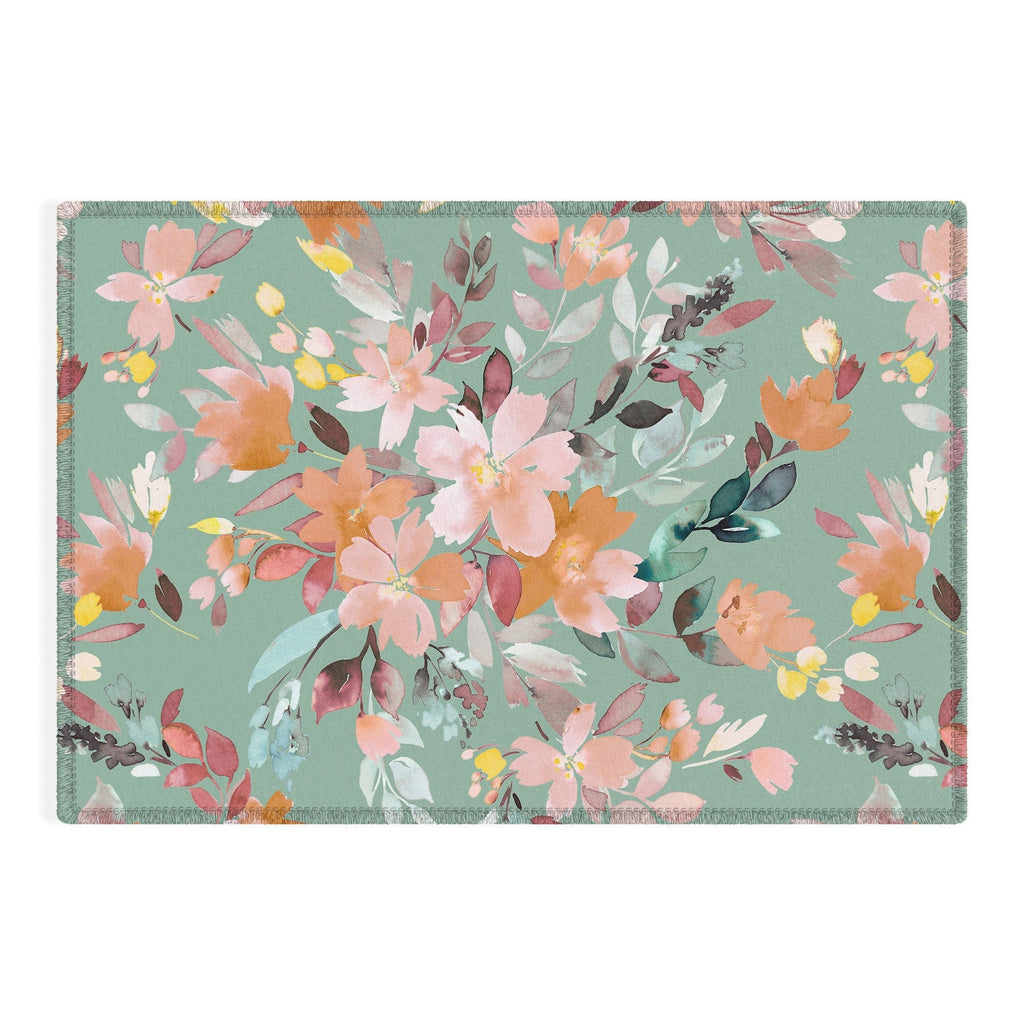 Ninola Design Botanic Retreat Floral Oleander Whimsical Teal Green Outdoor Rug