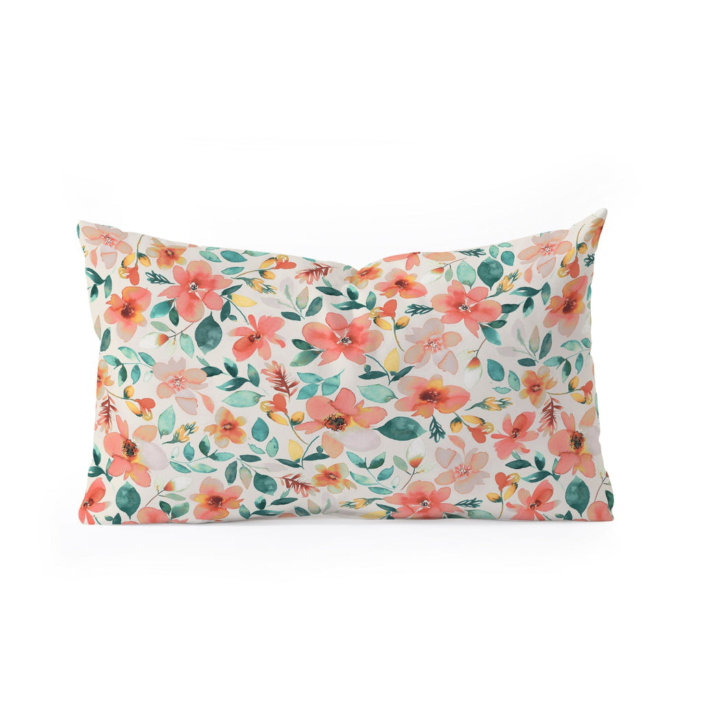 Ninola Design Botanic Retreat Tropical Whimsical Flowers Coral Green Oblong Throw Pillow