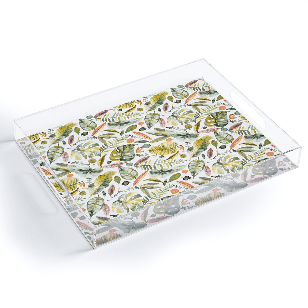 Ninola Design Botanic Retreat Tropical Jungle Leaves Botanical Green Orange Acrylic Tray