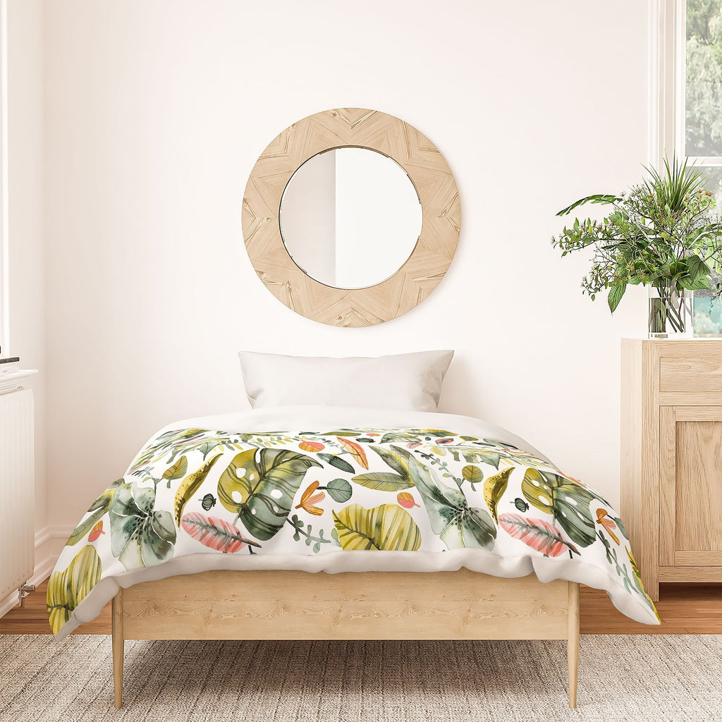 Ninola Design Botanic Retreat Tropical Jungle Leaves Botanical Green Orange Duvet Cover