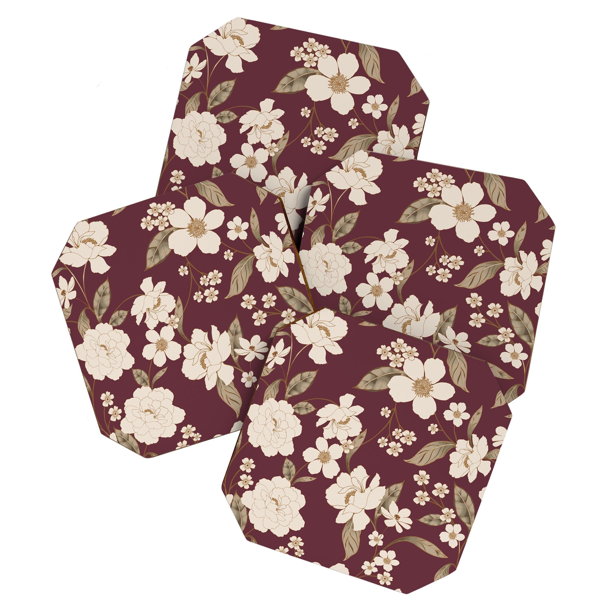 Gabriela Fuente Burgundy Floral Roberta Coaster Set
