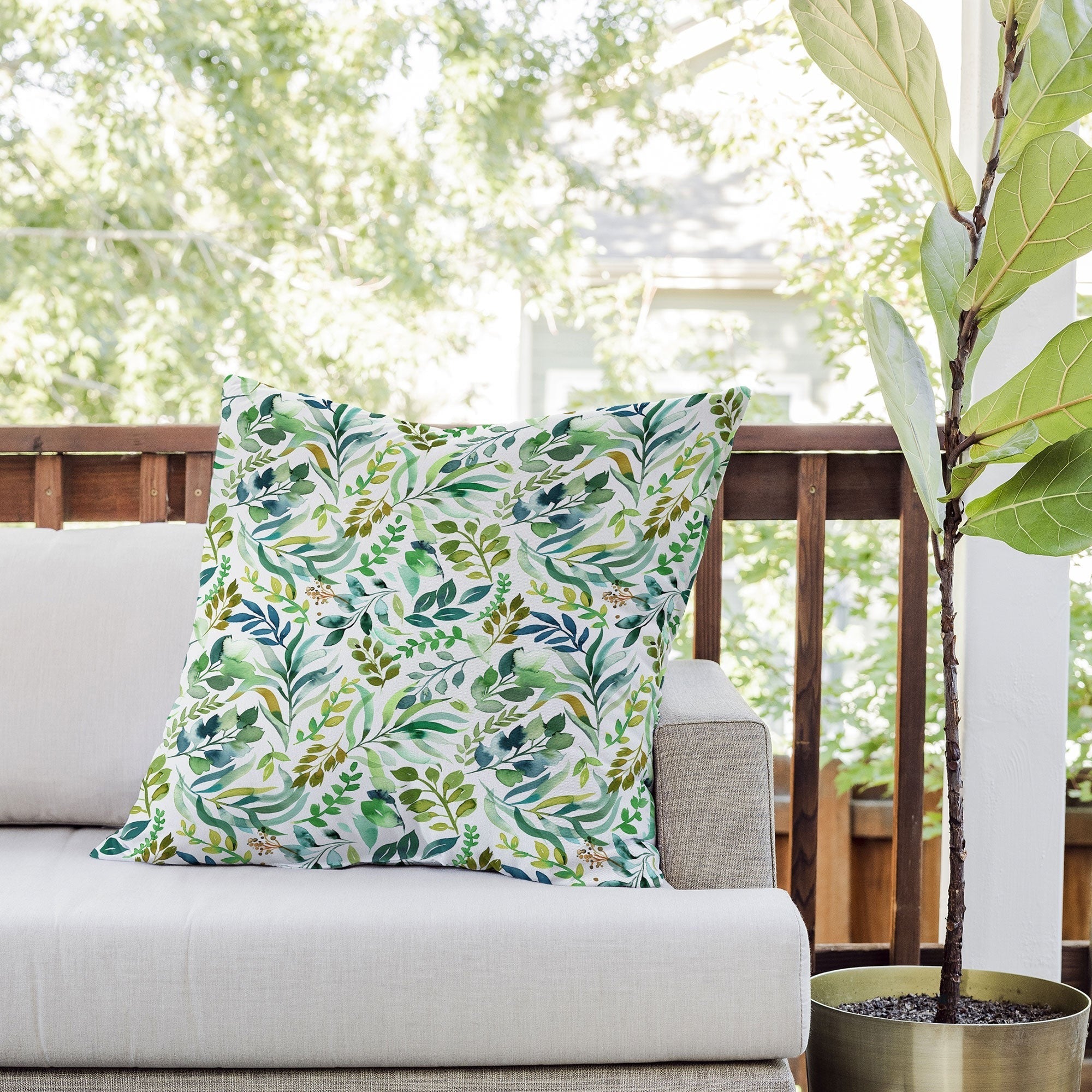 Ninola Design Botanic Retreat Loose Botanical Leaves Watercolor Green Outdoor Throw Pillow