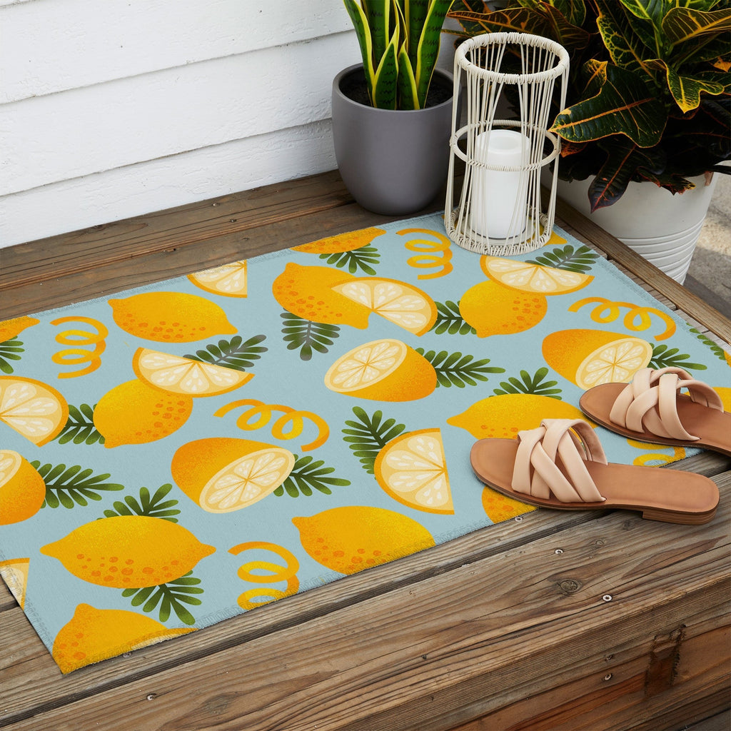 Jessica Molina Lemon Pattern on Sky Blue Outdoor Rug