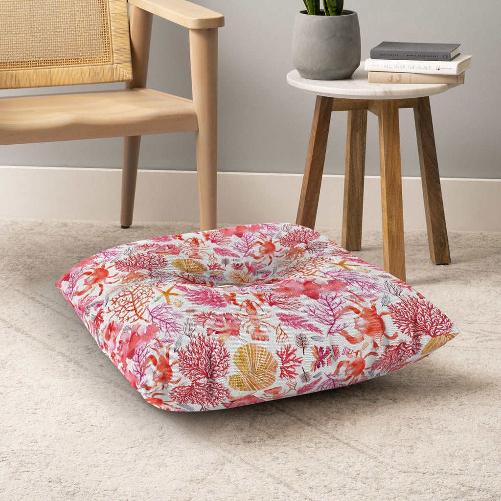Ninola Design Botanic Retreat Coral Reef Crab Lobster Red Floor Pillow Square