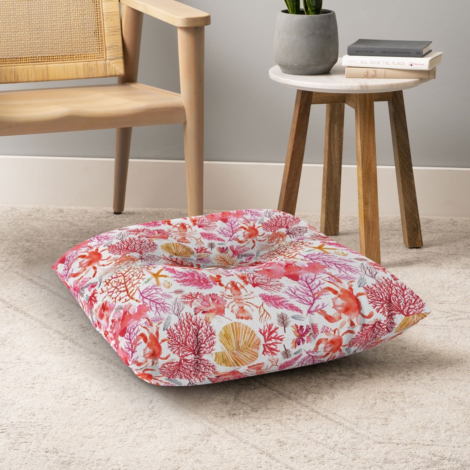 Ninola Design Botanic Retreat Coral Reef Crab Lobster Red Floor Pillow Square