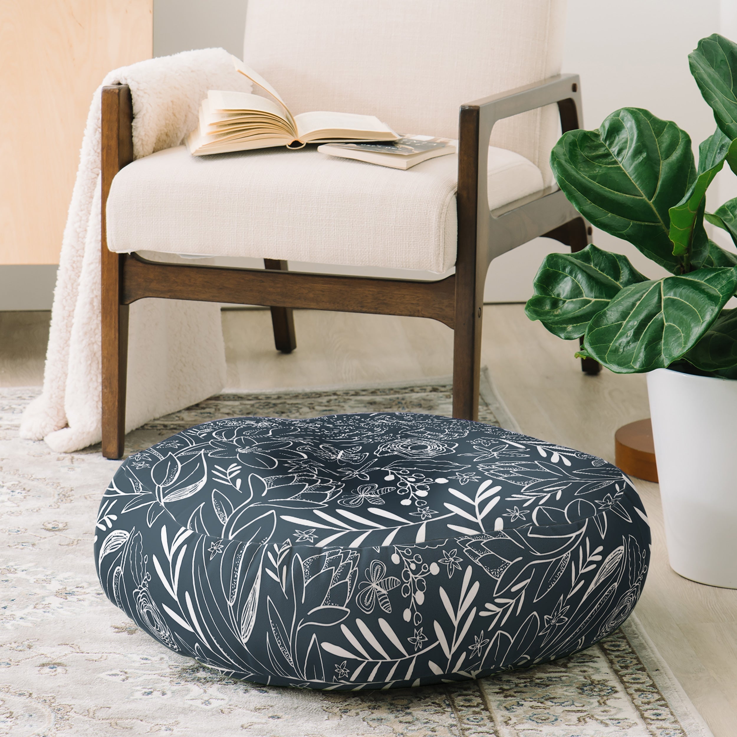 Heather Dutton Botanical Sketchbook Midnight Floor Pillow Round