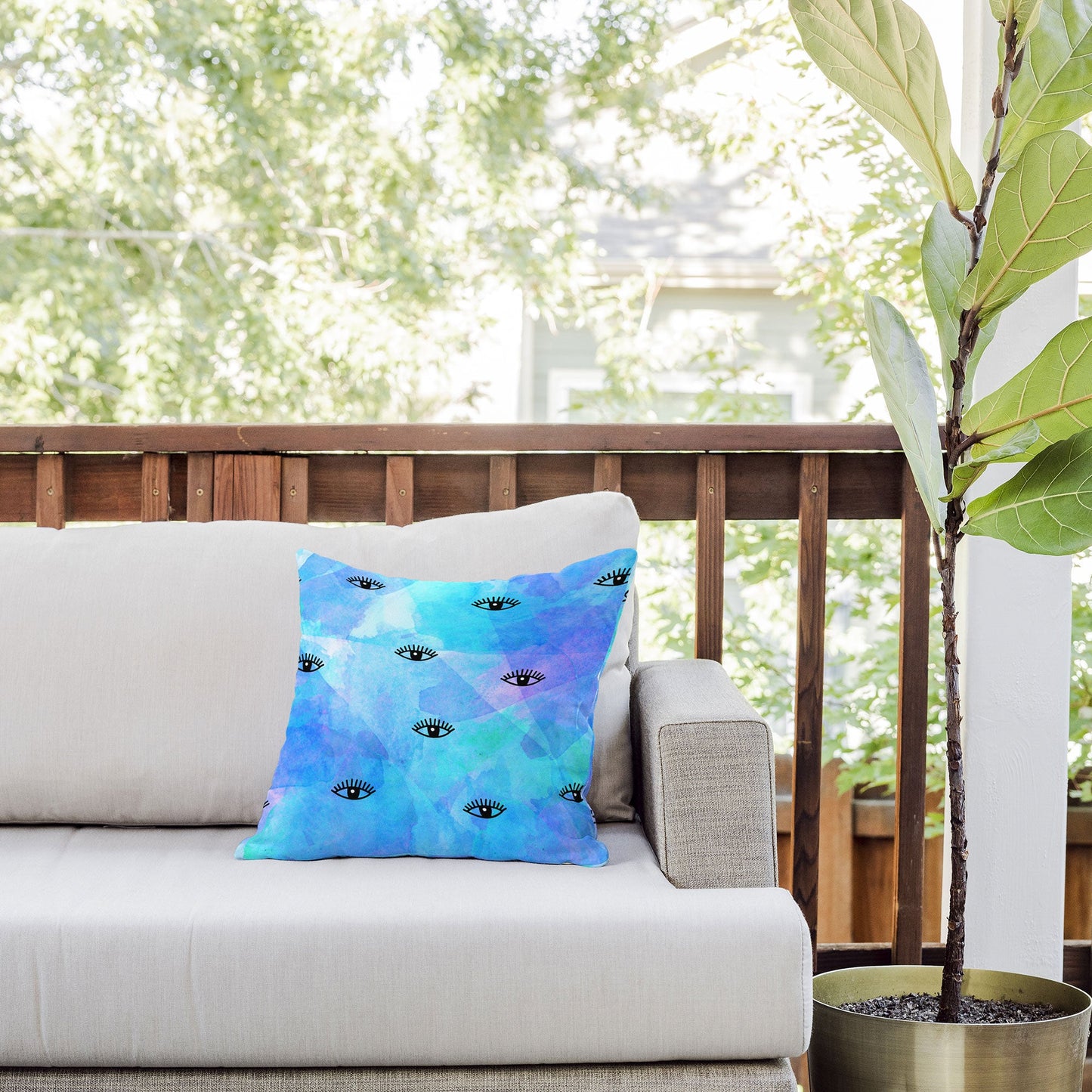 Hello Sayang Eye Blush Blue Outdoor Throw Pillow
