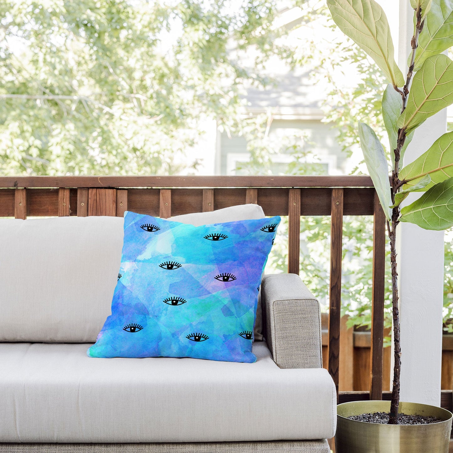 Hello Sayang Eye Blush Blue Outdoor Throw Pillow