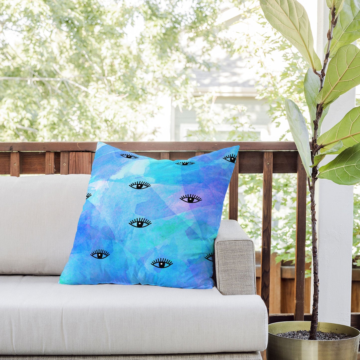 Hello Sayang Eye Blush Blue Outdoor Throw Pillow