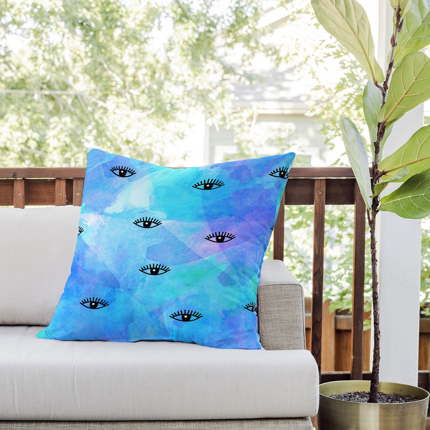 Hello Sayang Eye Blush Blue Outdoor Throw Pillow