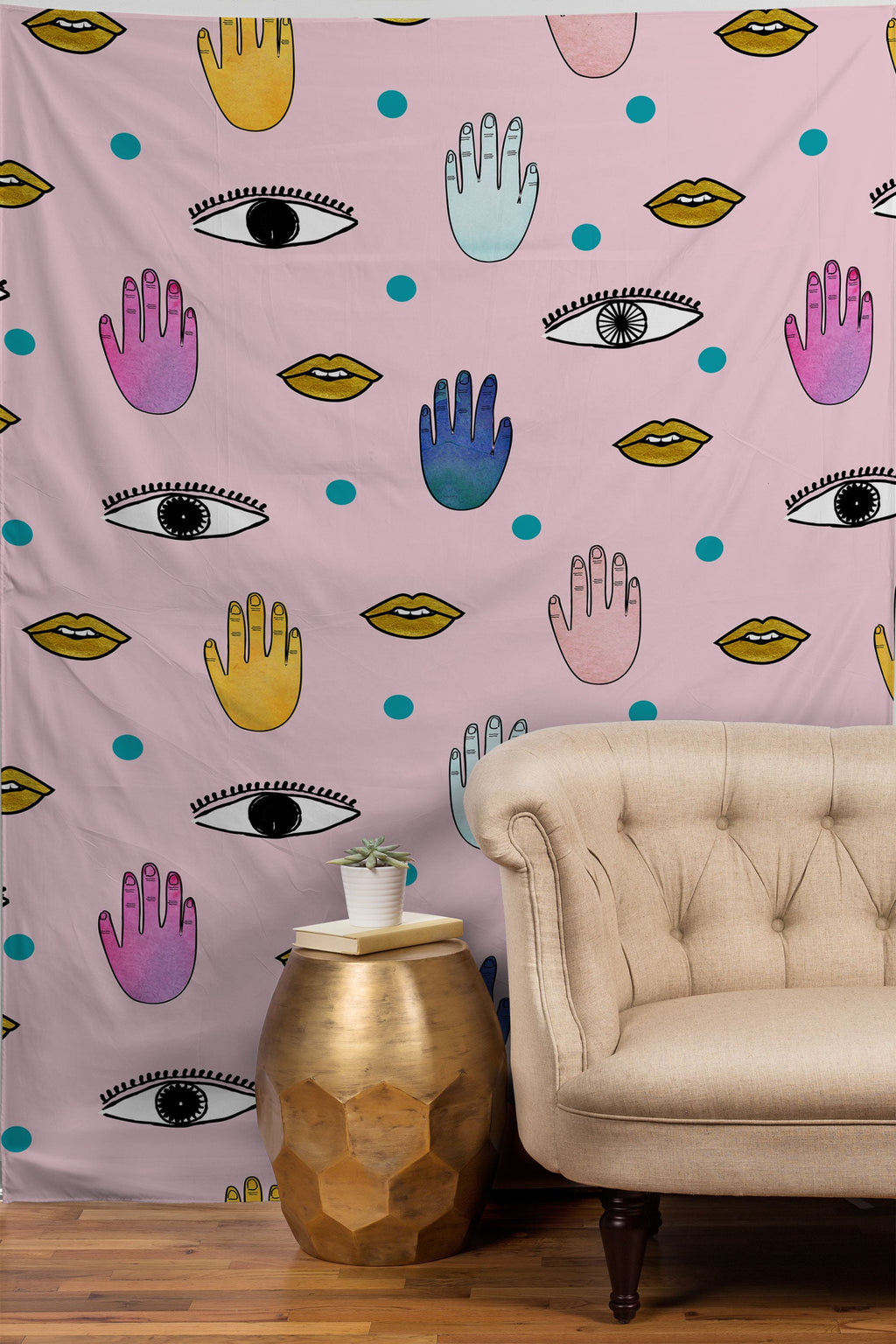 Hello Sayang Eyes Hands Lips Dots Tapestry