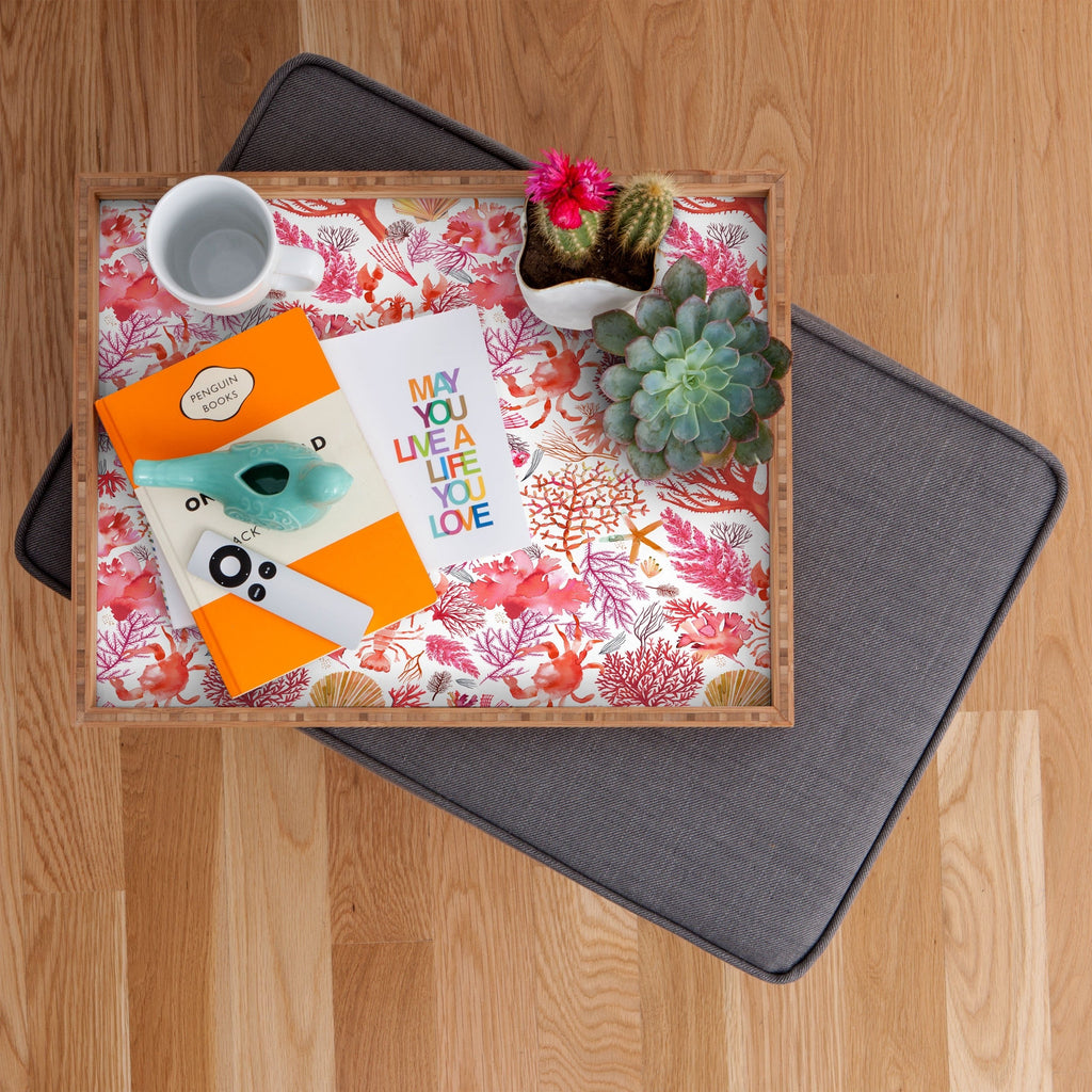 Ninola Design Botanic Retreat Coral Reef Crab Lobster Red Rectangular Tray