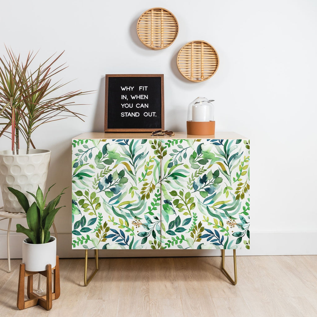 Ninola Design Botanic Retreat Loose Botanical Leaves Watercolor Green Credenza