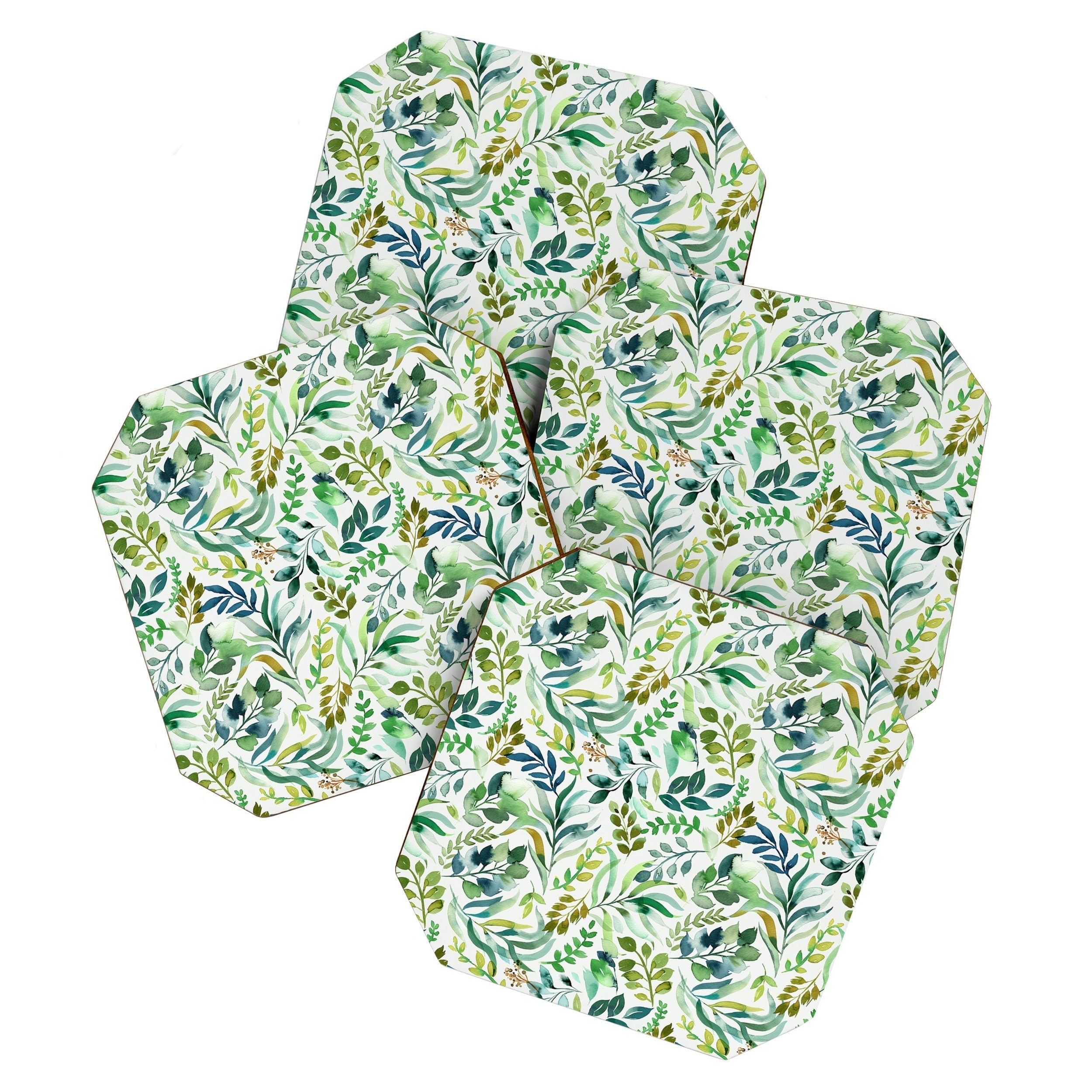 Ninola Design Botanic Retreat Loose Botanical Leaves Watercolor Green Coaster Set