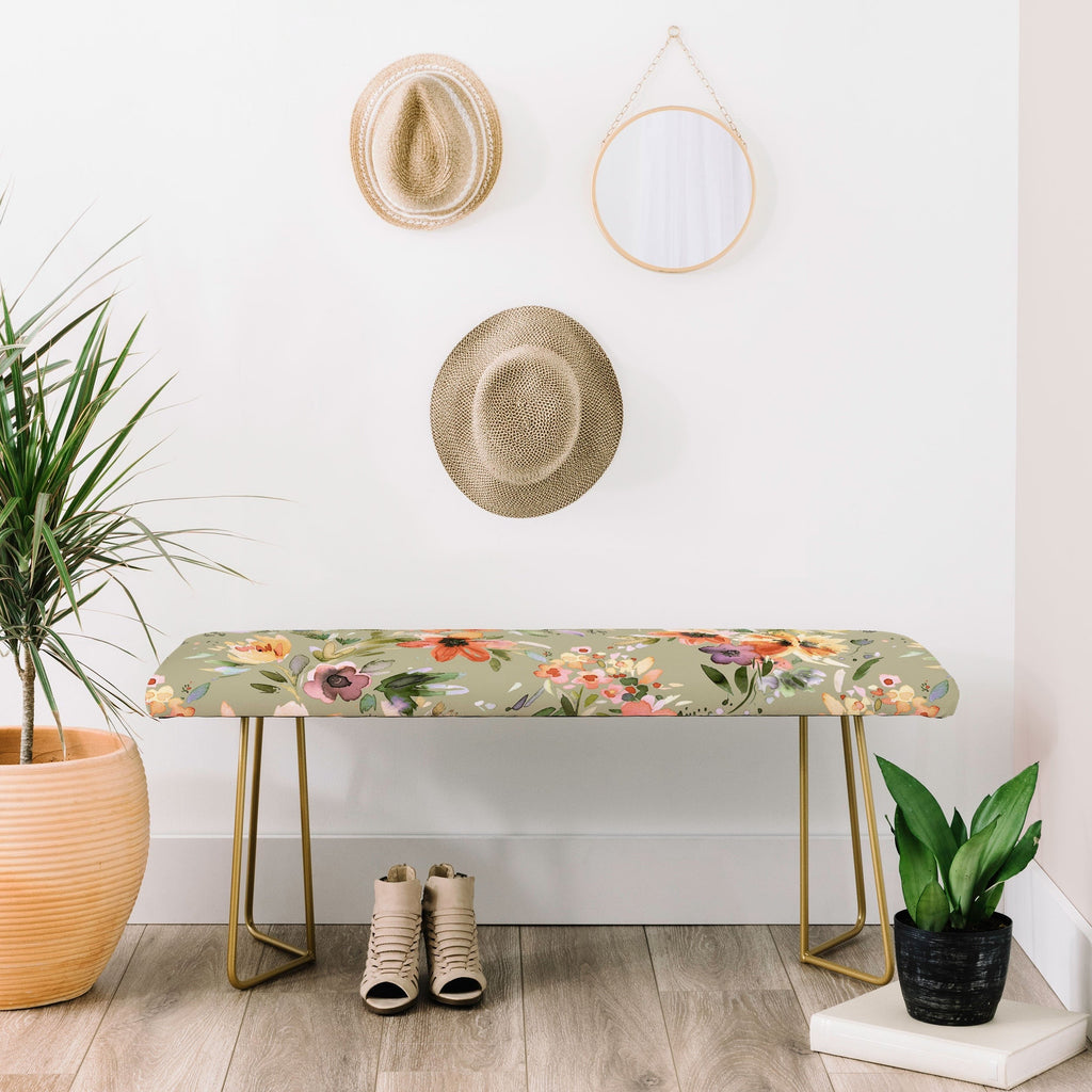 Ninola Design Botanic Retreat Painterly Tropical Flowers Sage Green Bench