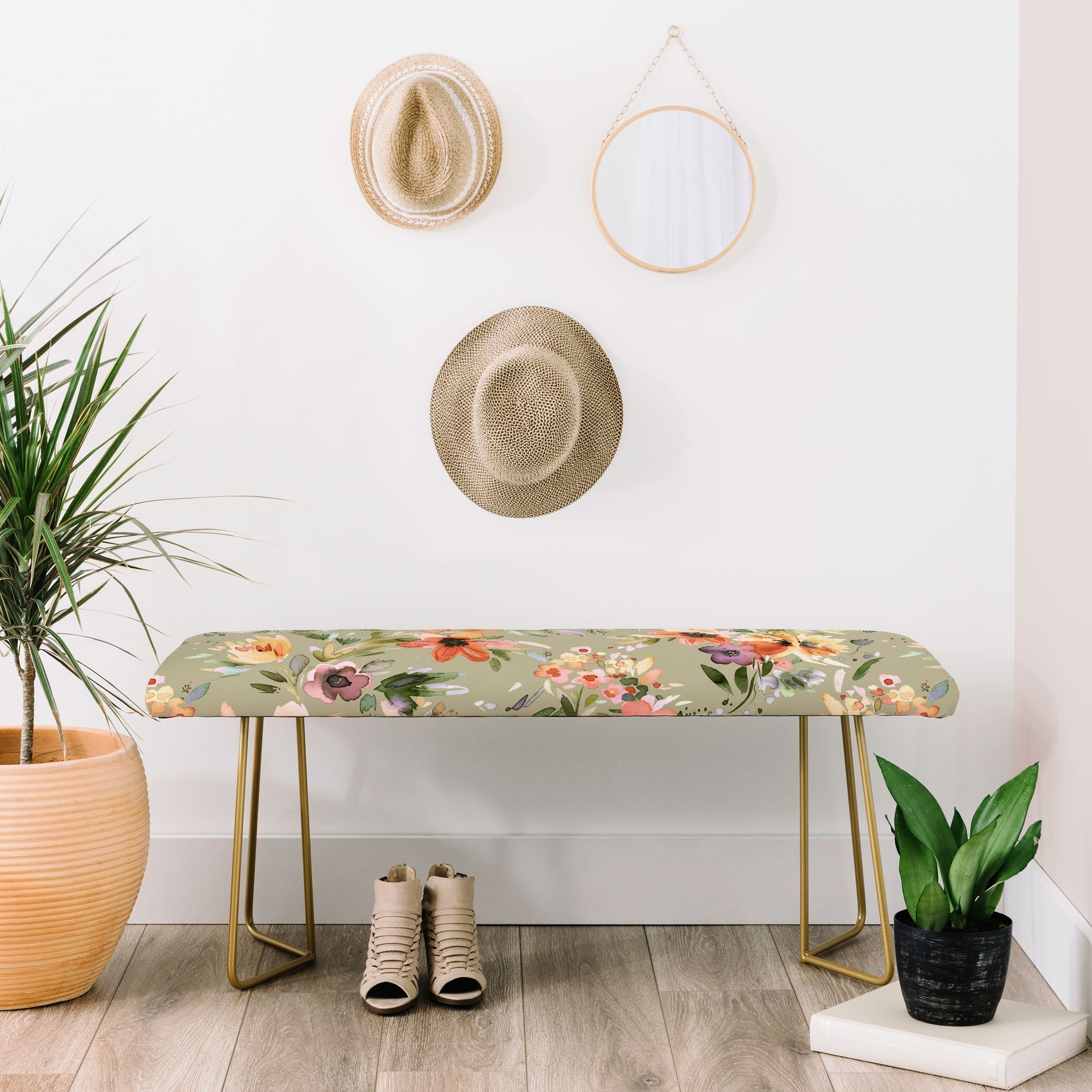 Ninola Design Botanic Retreat Painterly Tropical Flowers Sage Green Bench
