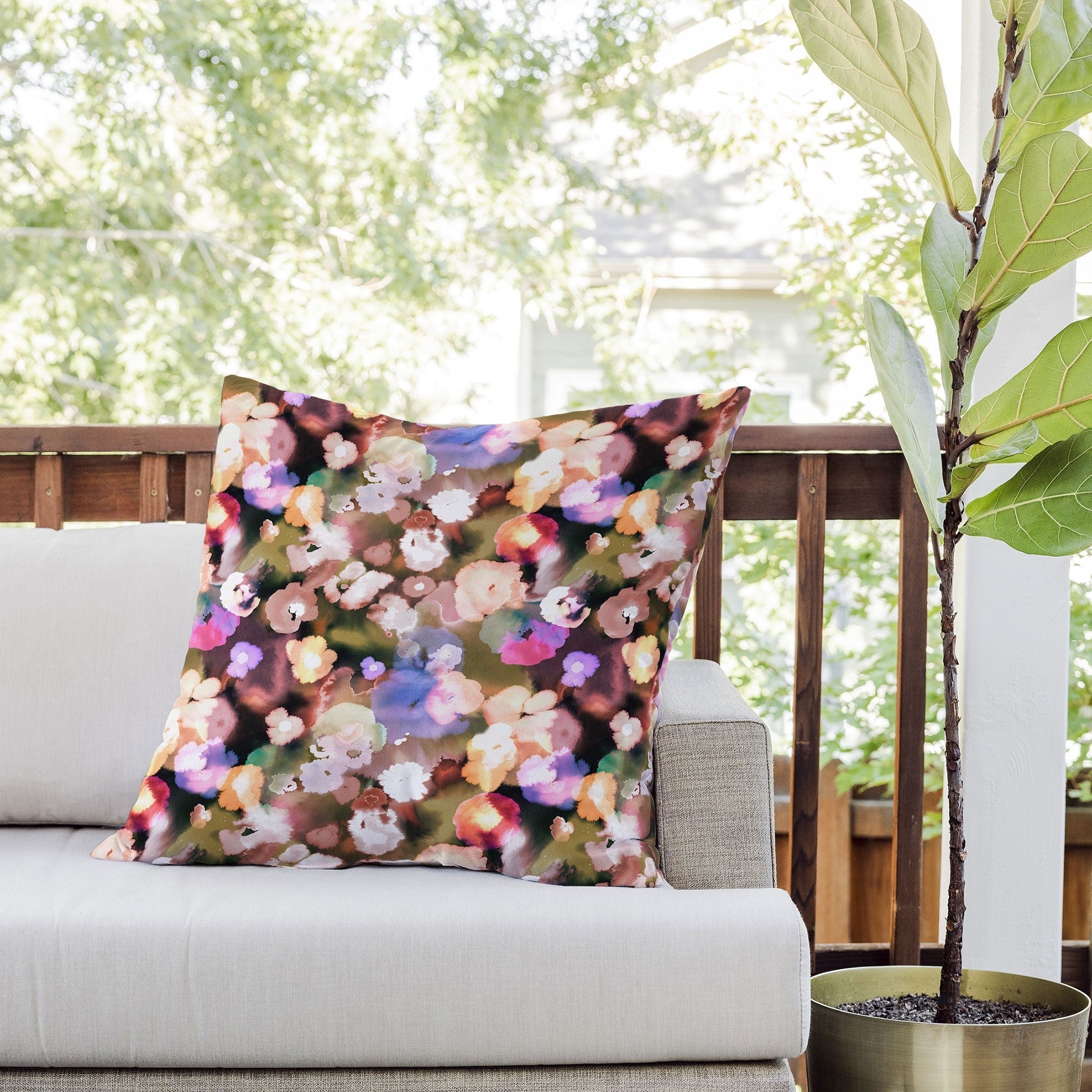 Ninola Design Botanic Retreat Ombre Abstract Watercolor Flowers Pink gold Outdoor Throw Pillow