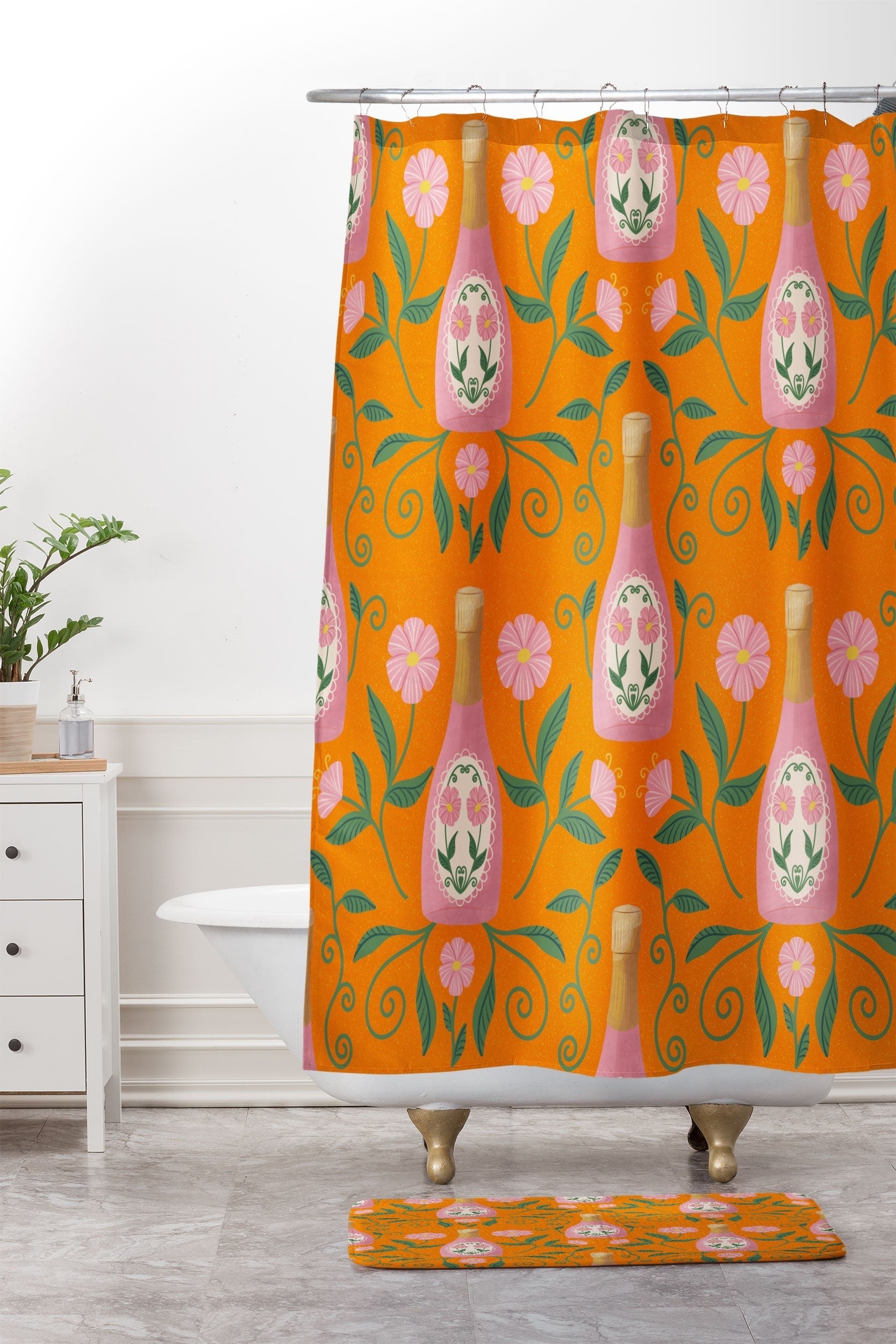 Design by Spark Rose Bubbly And Florals Shower Curtain And Mat
