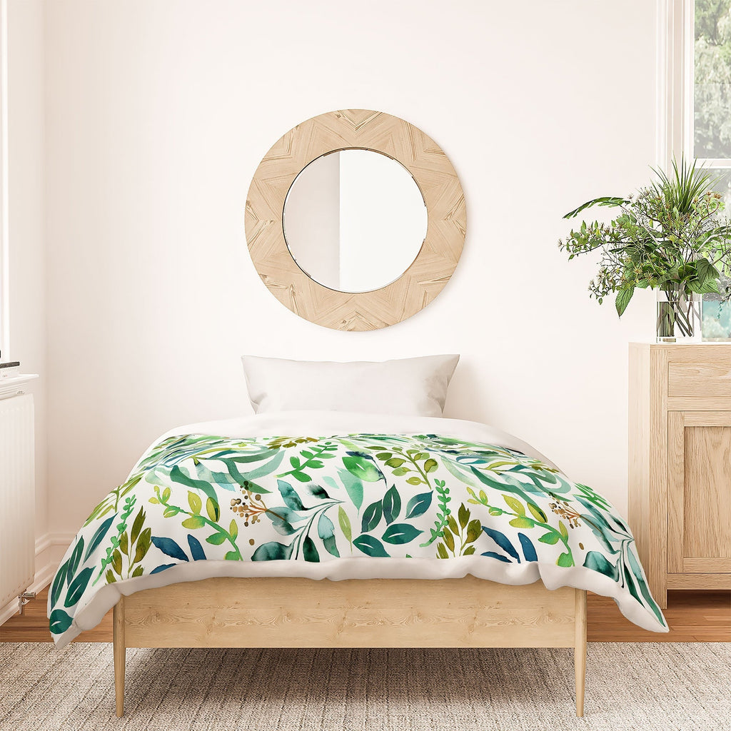 Ninola Design Botanic Retreat Loose Botanical Leaves Watercolor Green Duvet Cover