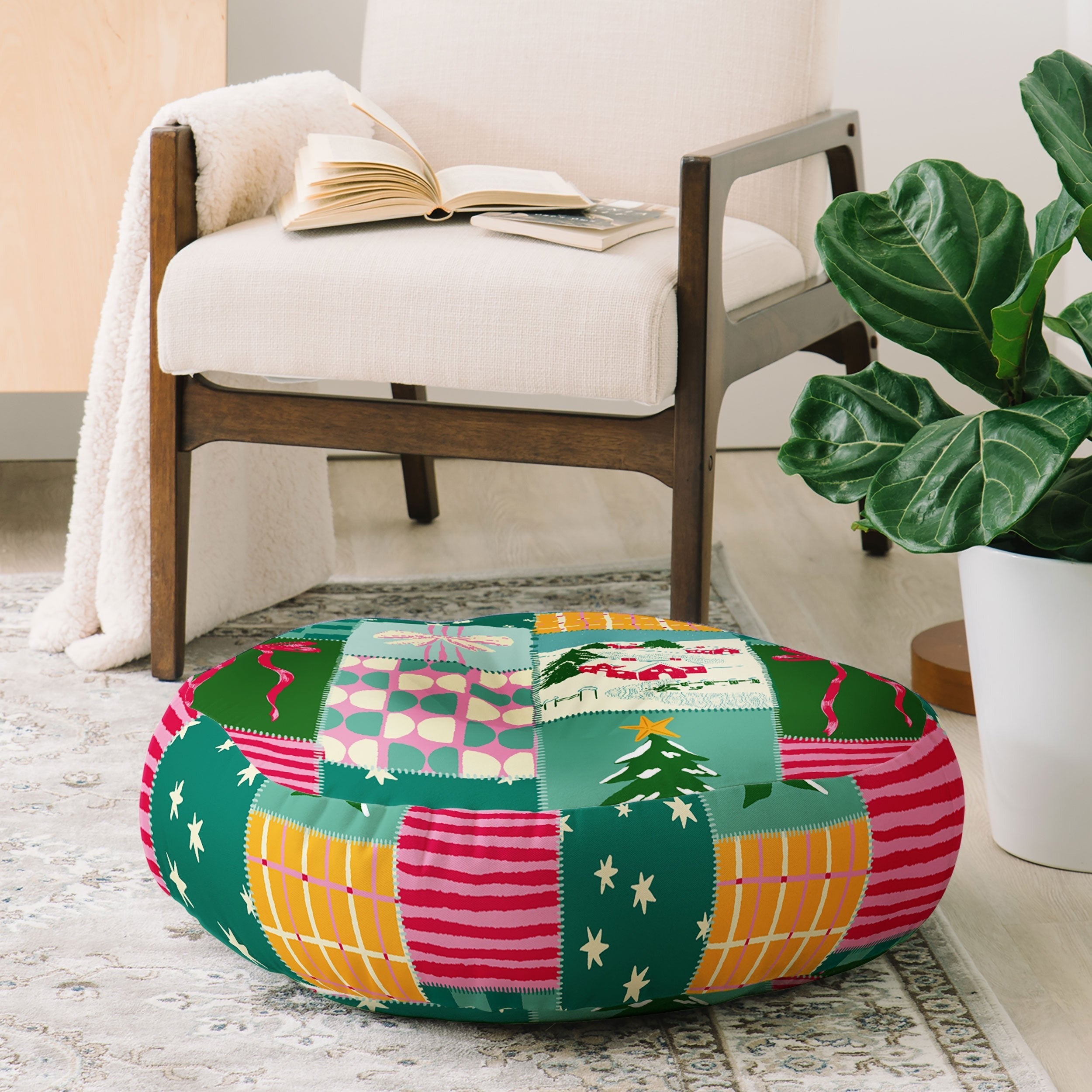 LouBruzzoni Cozy Christmas Patchwork Floor Pillow Round