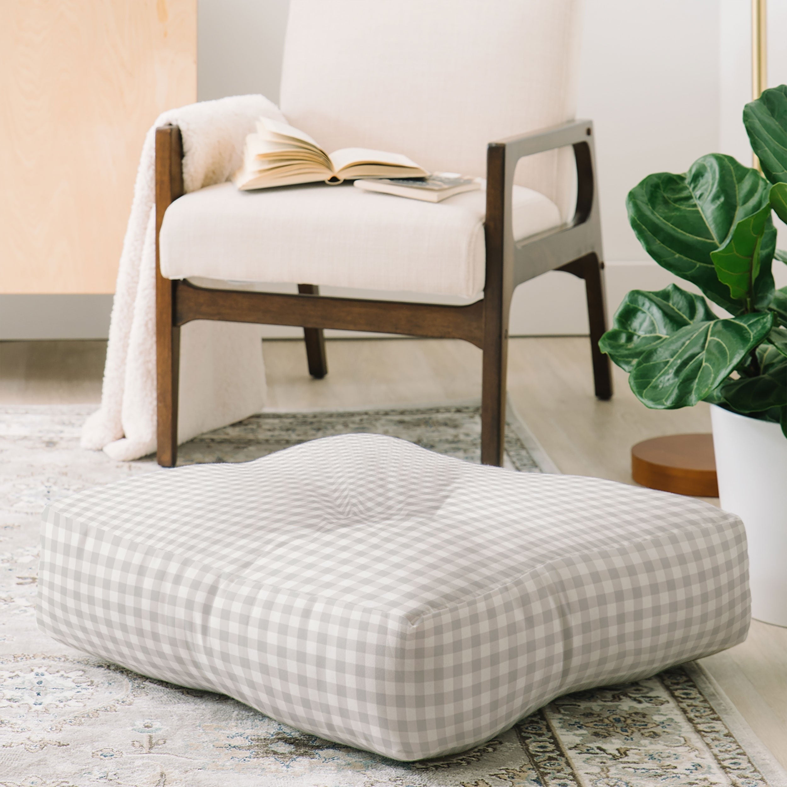 Colour Poems Gingham Plaid Pattern Cloud White Floor Pillow Square