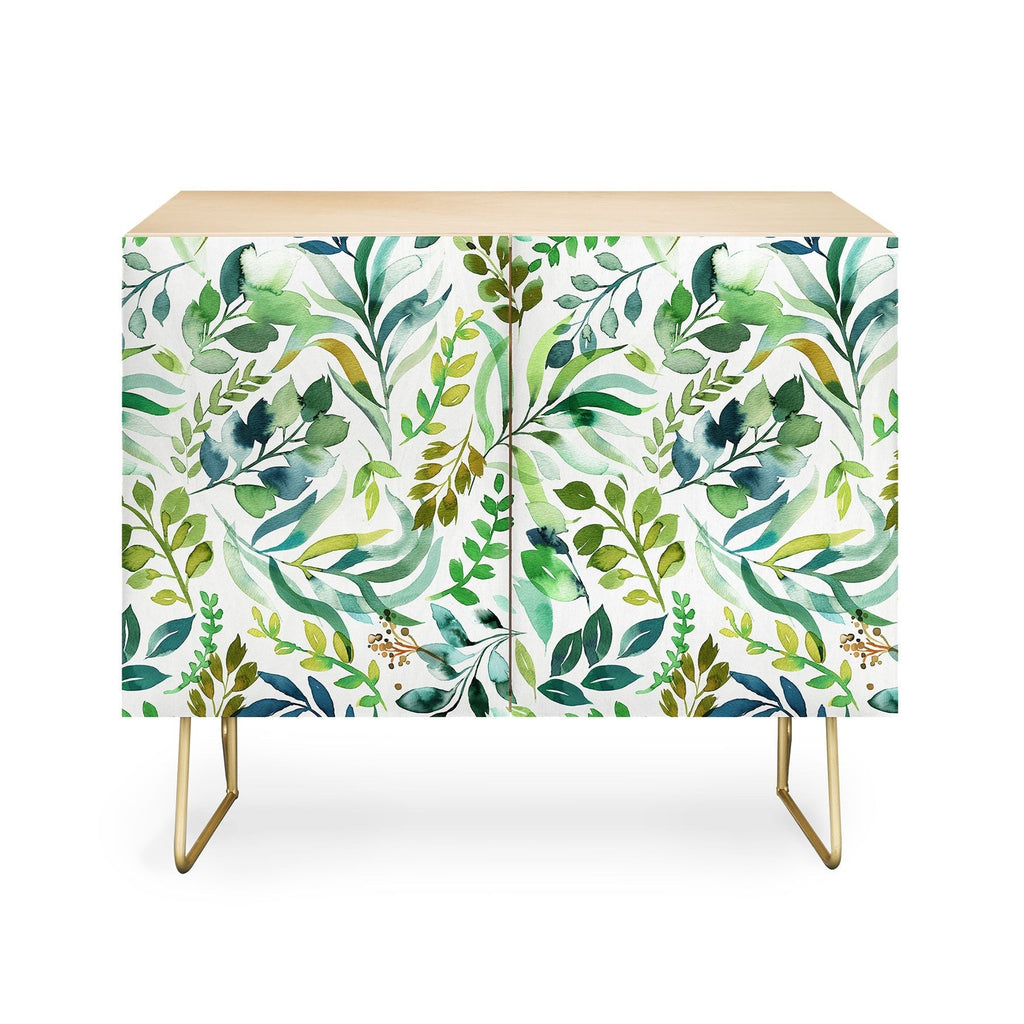 Ninola Design Botanic Retreat Loose Botanical Leaves Watercolor Green Credenza