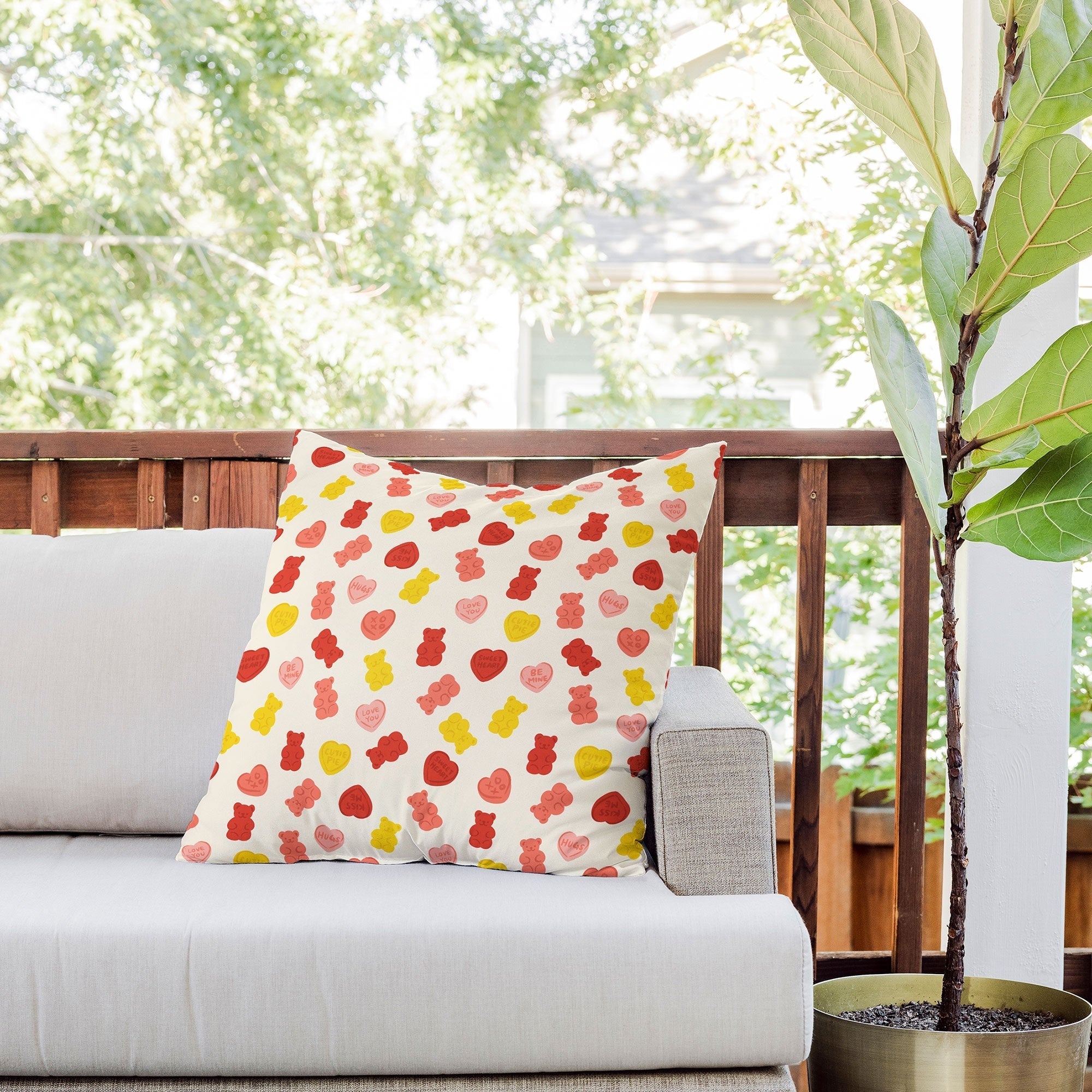 Design by Spark Gummy Bears and Candy Hearts Valentines Outdoor Throw Pillow