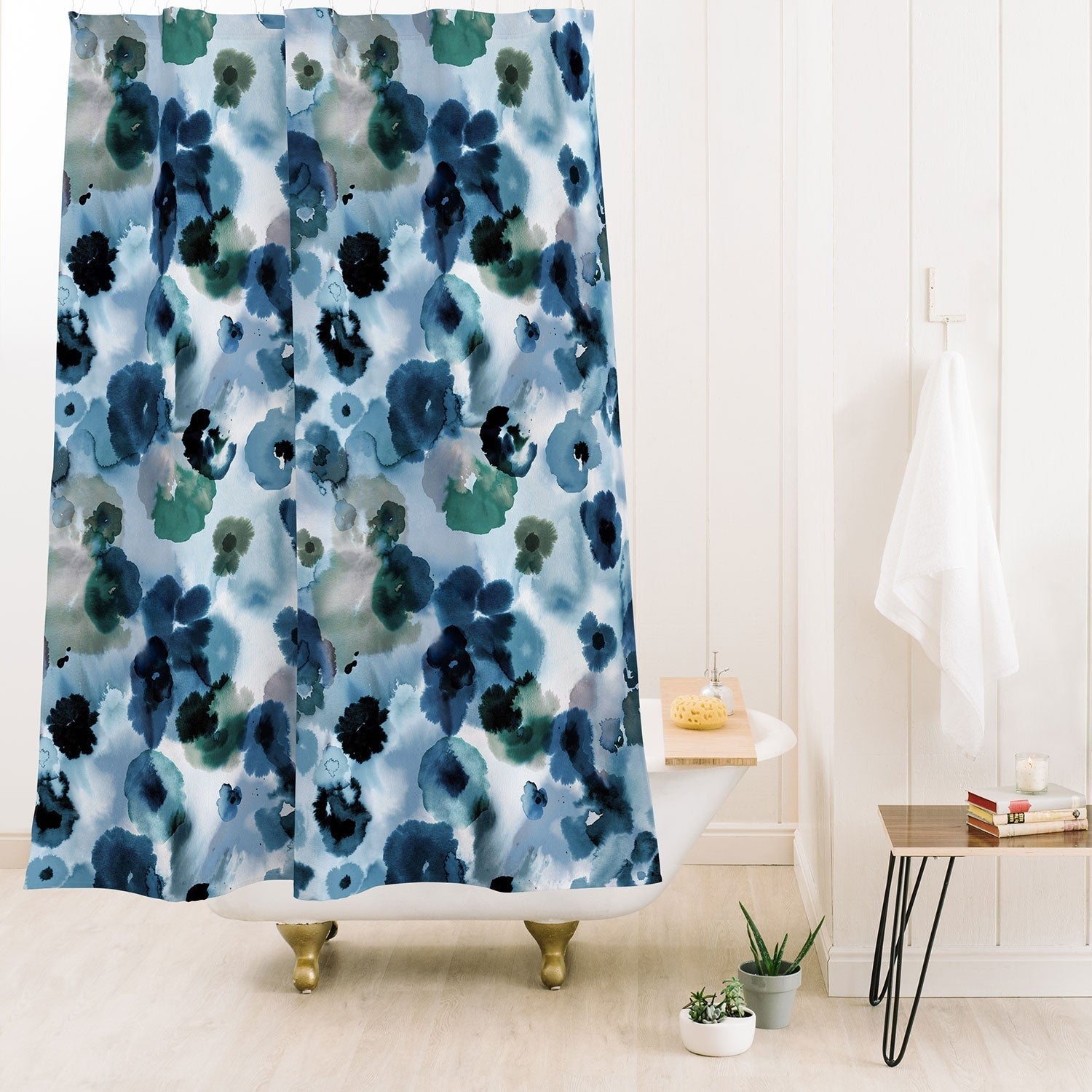 Ninola Design Botanic Retreat Ombre Abstract Watercolor Flowers Blue Navy Shower Curtain