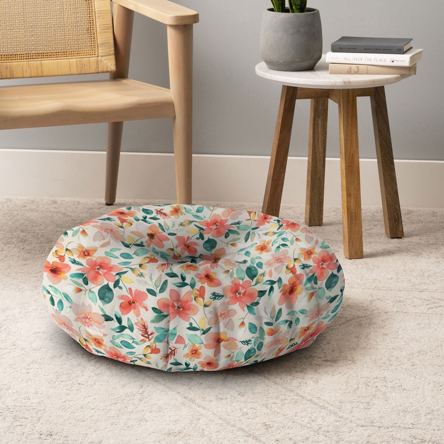 Ninola Design Botanic Retreat Tropical Whimsical Flowers Coral Green Floor Pillow Round