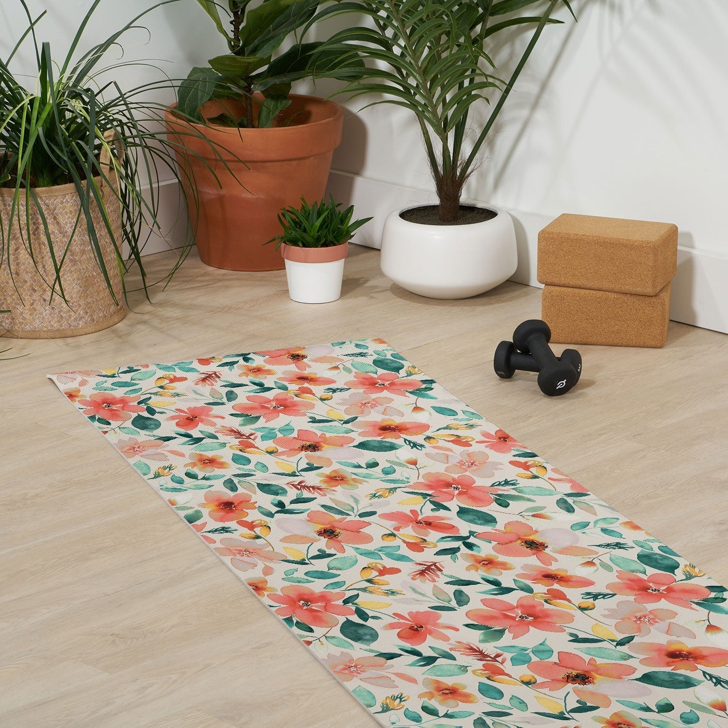 Ninola Design Botanic Retreat Tropical Whimsical Flowers Coral Green Yoga Mat