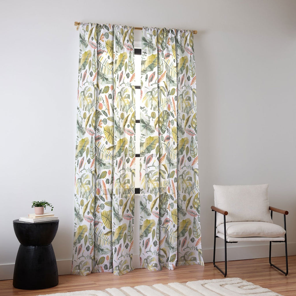 Ninola Design Botanic Retreat Tropical Jungle Leaves Botanical Green Orange Sheer Non Repeat