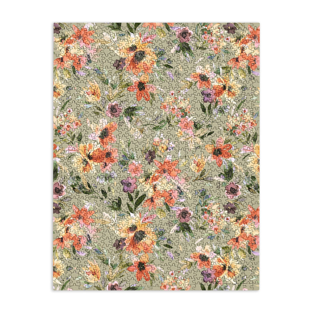 Ninola Design Botanic Retreat Painterly Tropical Flowers Sage Green Puzzle
