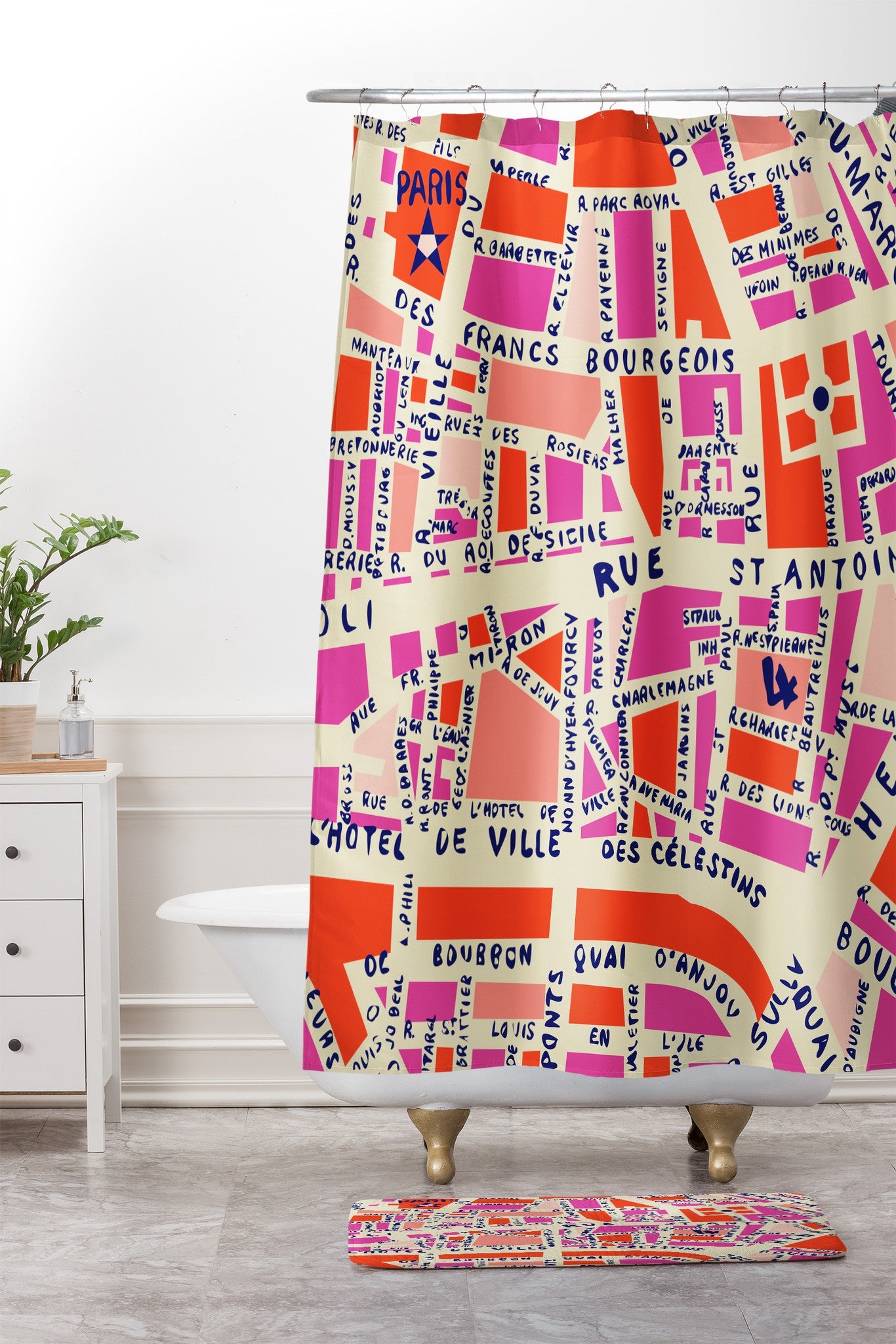 Holli Zollinger Paris Map Pink Shower Curtain And Mat